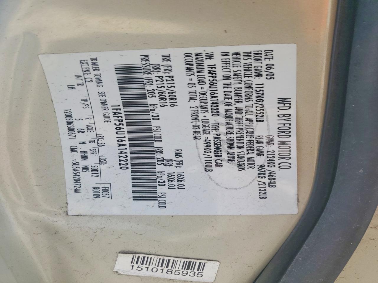 2006 FORD TAURUS SEL photo 12