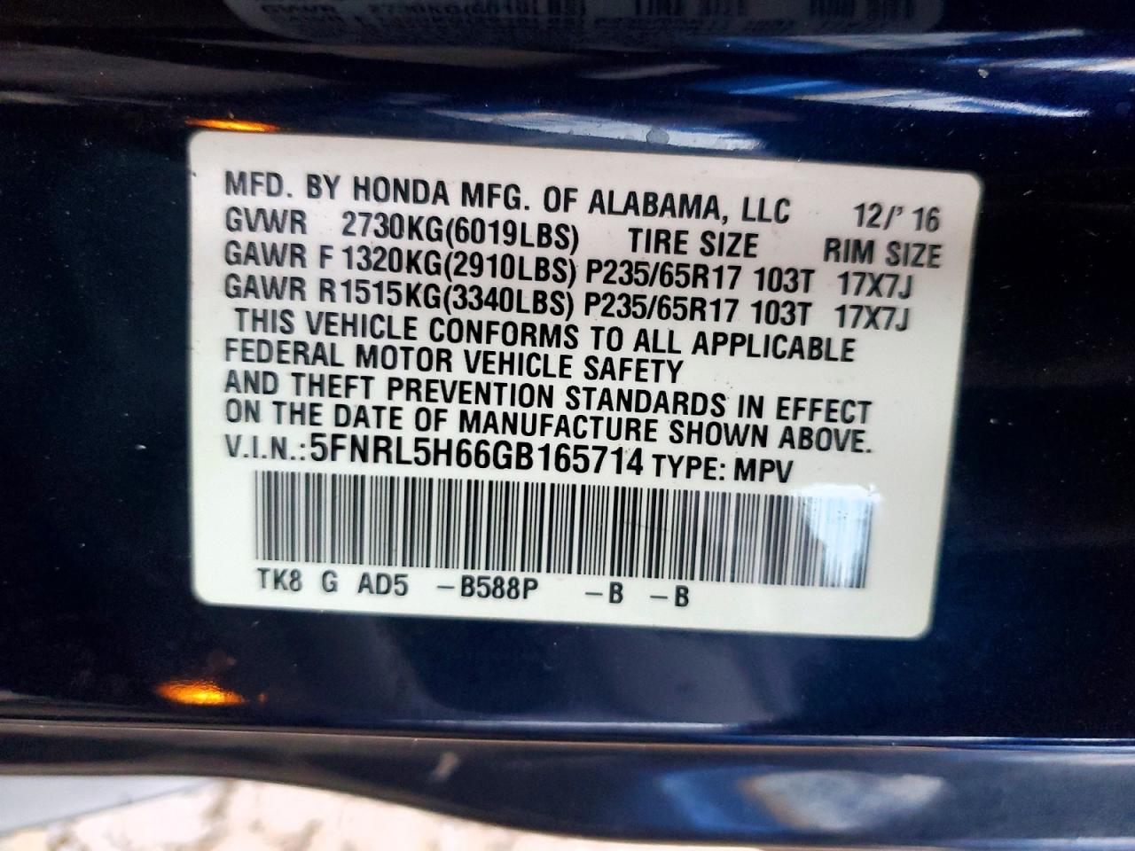 2016 HONDA ODYSSEY EXL photo 37