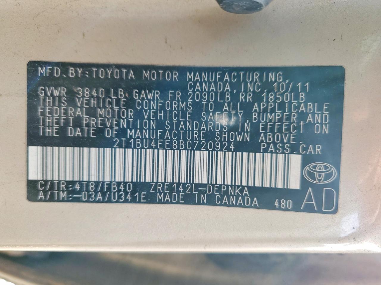 2011 TOYOTA COROLLA BASE photo 12