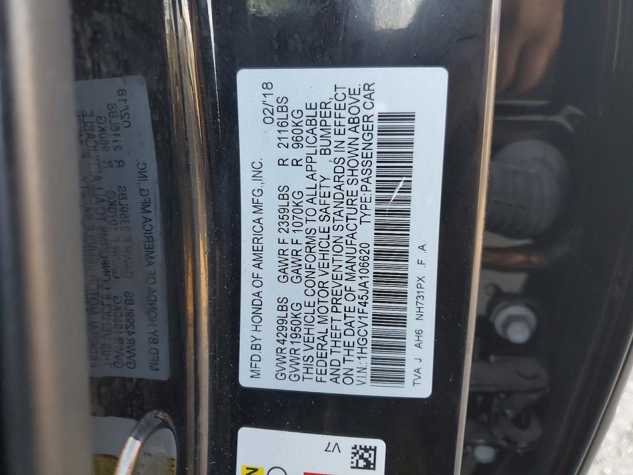 2018 HONDA ACCORD EX photo 12