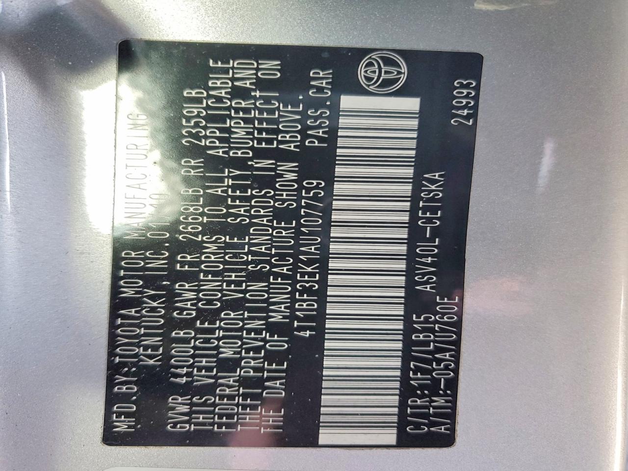 2010 TOYOTA CAMRY BASE photo 12