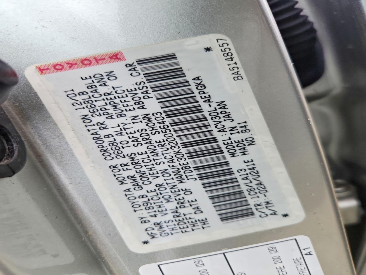 2002 TOYOTA CAMRY LE photo 12