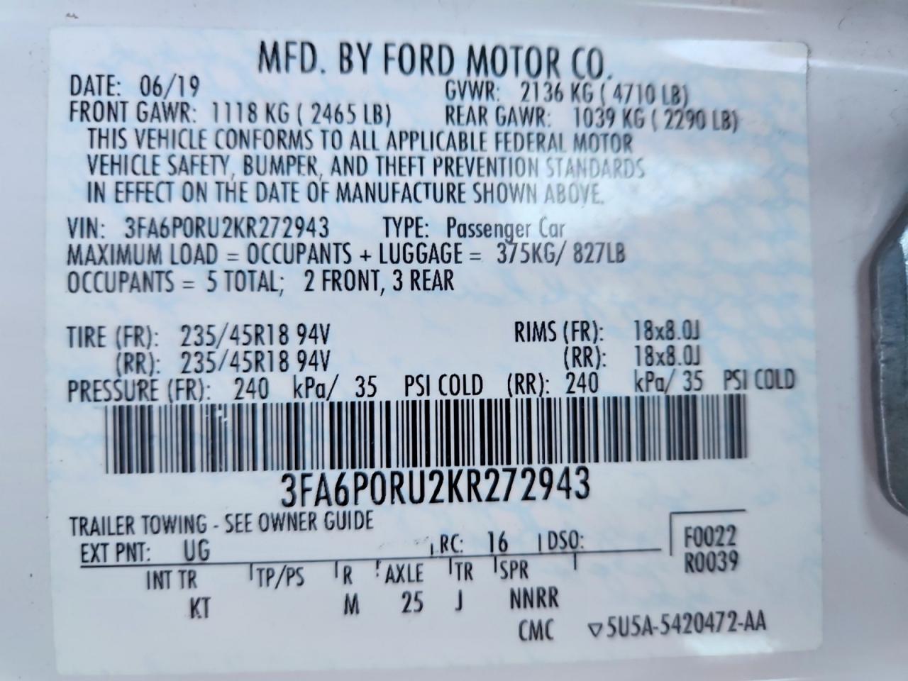 2019 FORD FUSION TITANIUM photo 13