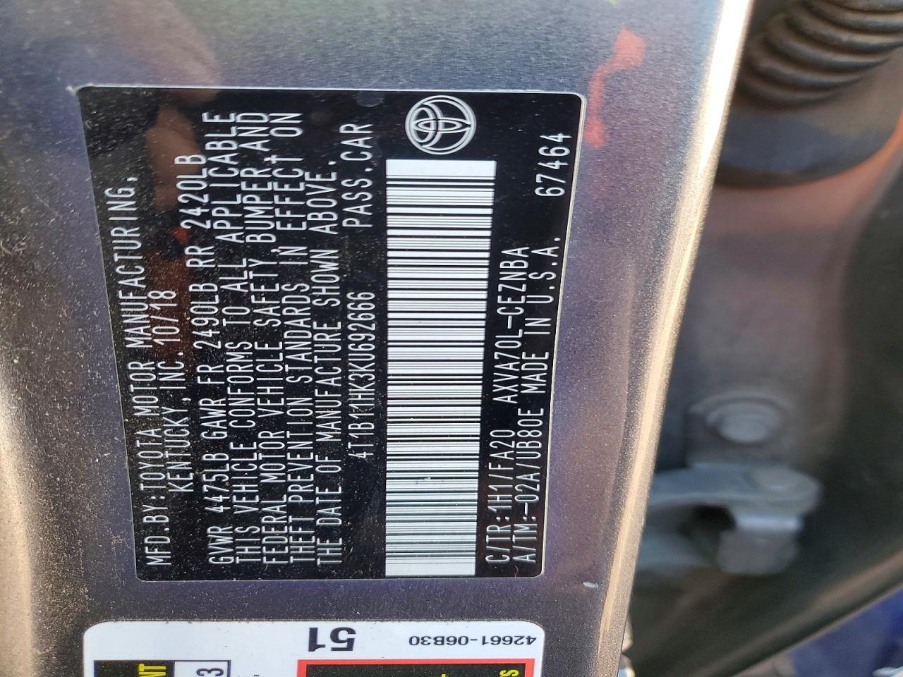 2019 TOYOTA CAMRY L photo 13