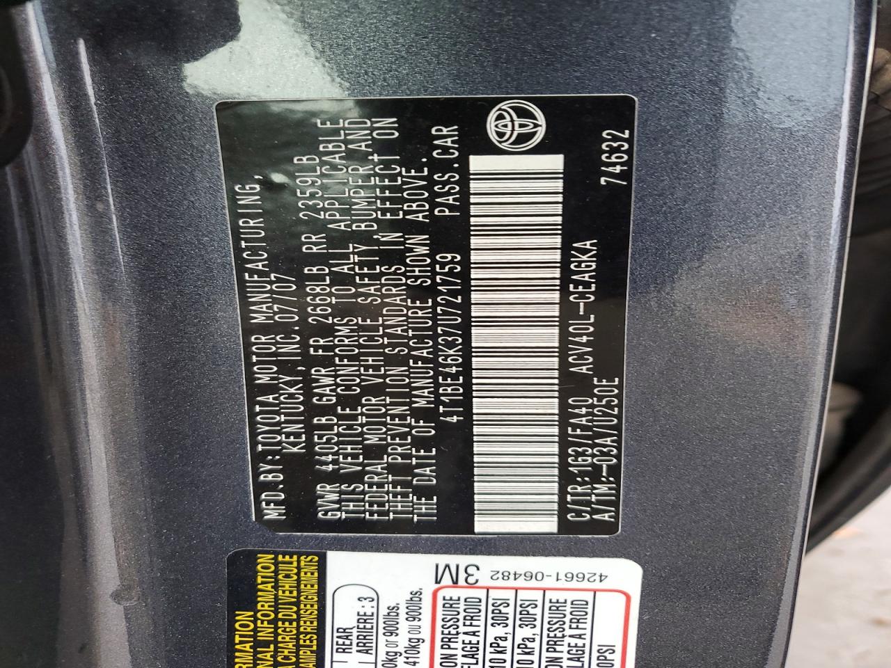 2007 TOYOTA CAMRY CE photo 12