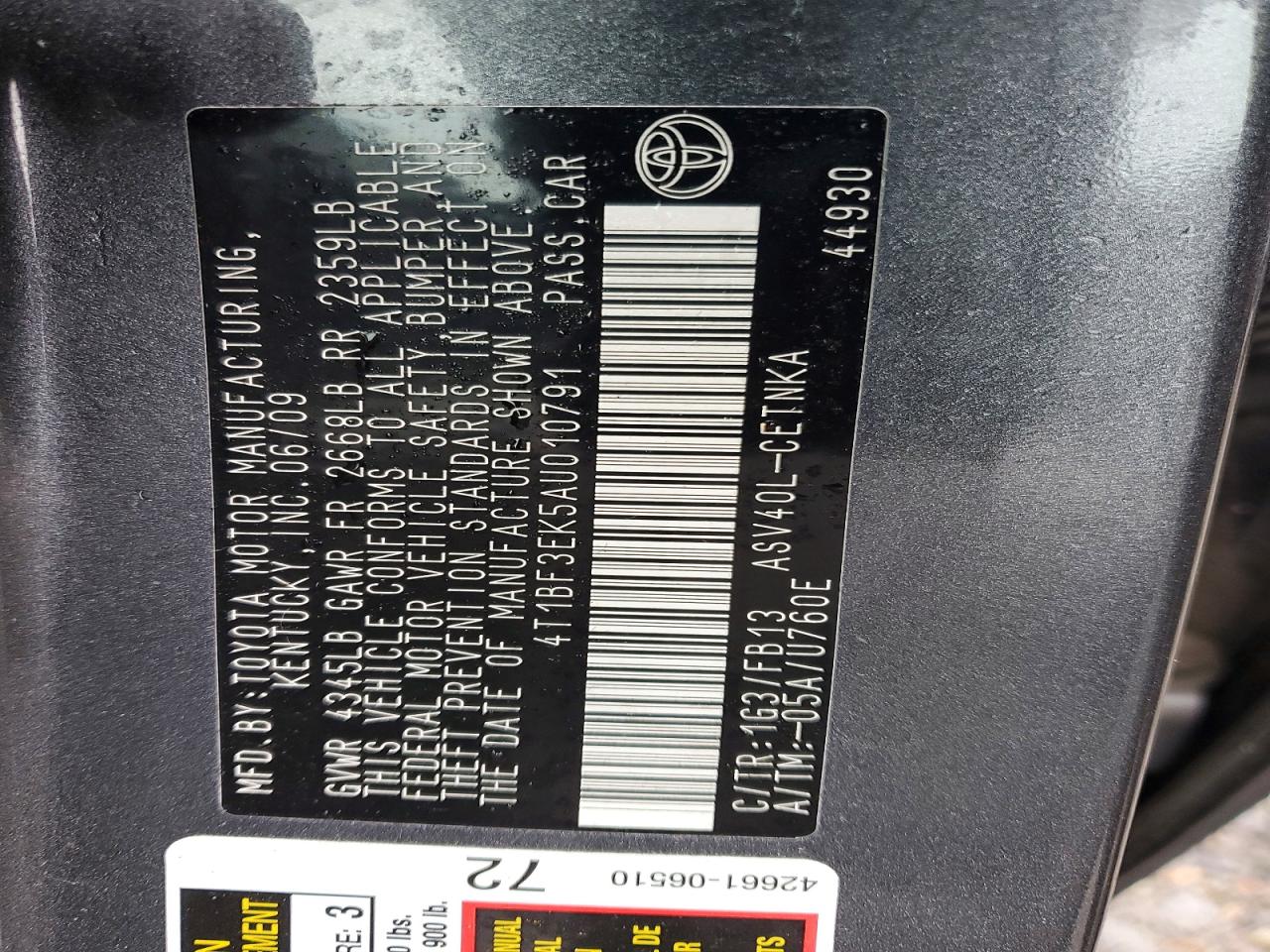 2010 TOYOTA CAMRY BASE photo 12