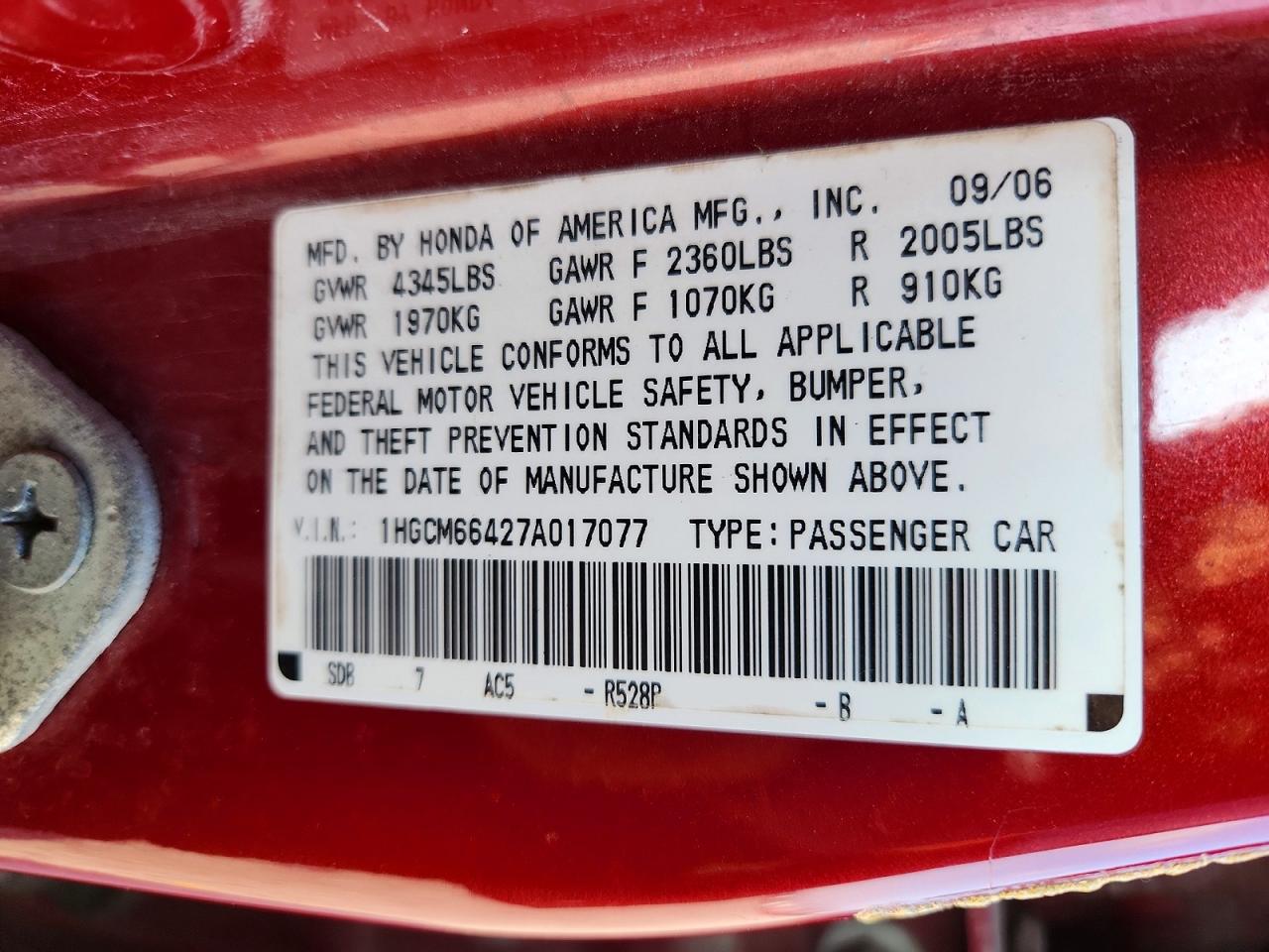 2007 HONDA ACCORD SE photo 12