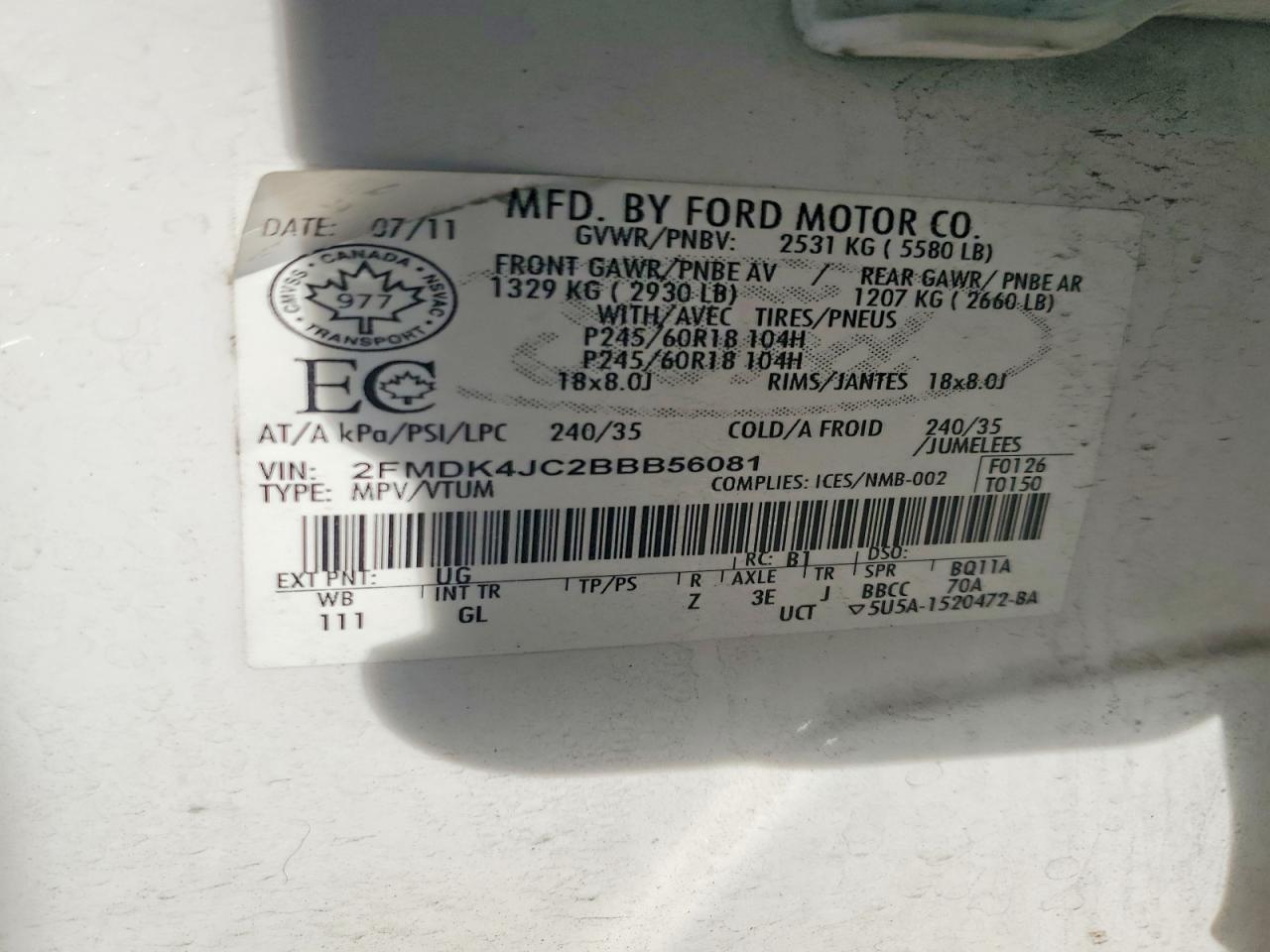 2011 FORD EDGE SEL photo 12