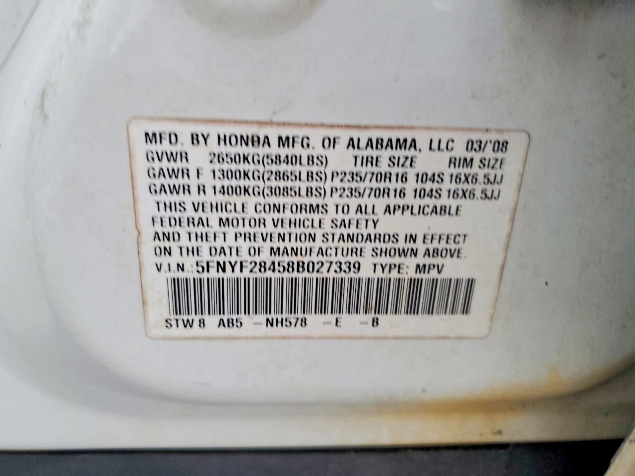 2008 HONDA PILOT EX photo 14