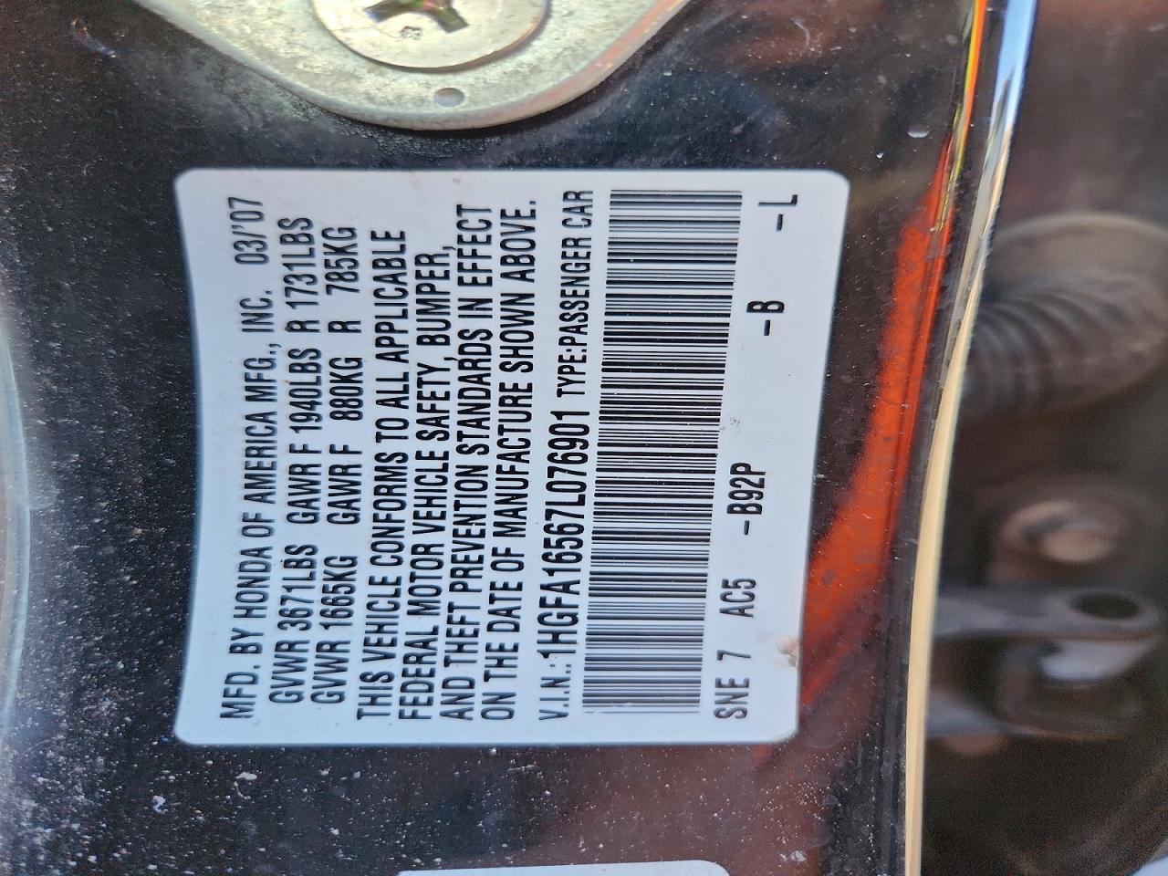 2007 HONDA CIVIC LX photo 13