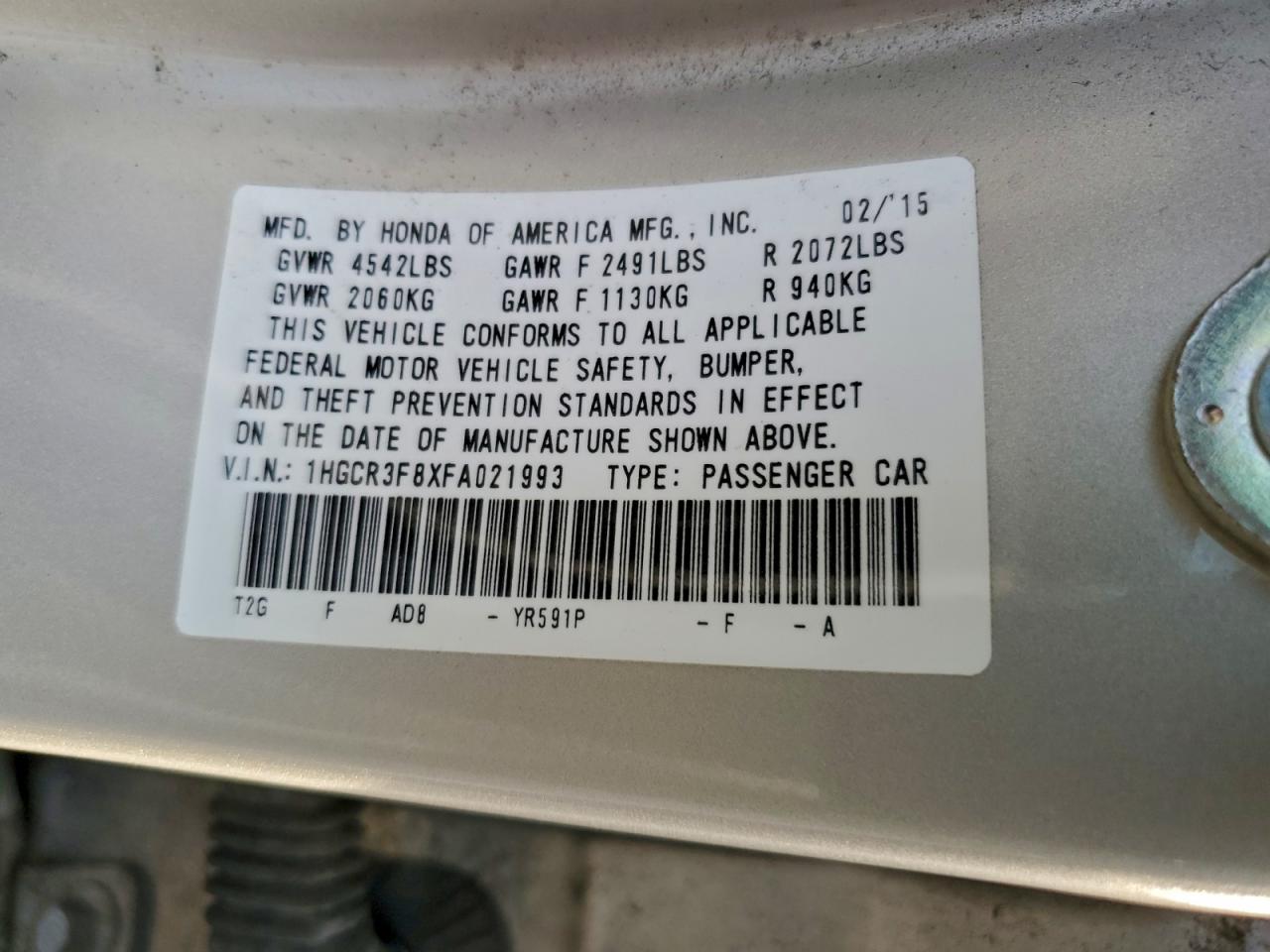 2015 HONDA ACCORD EXL photo 12