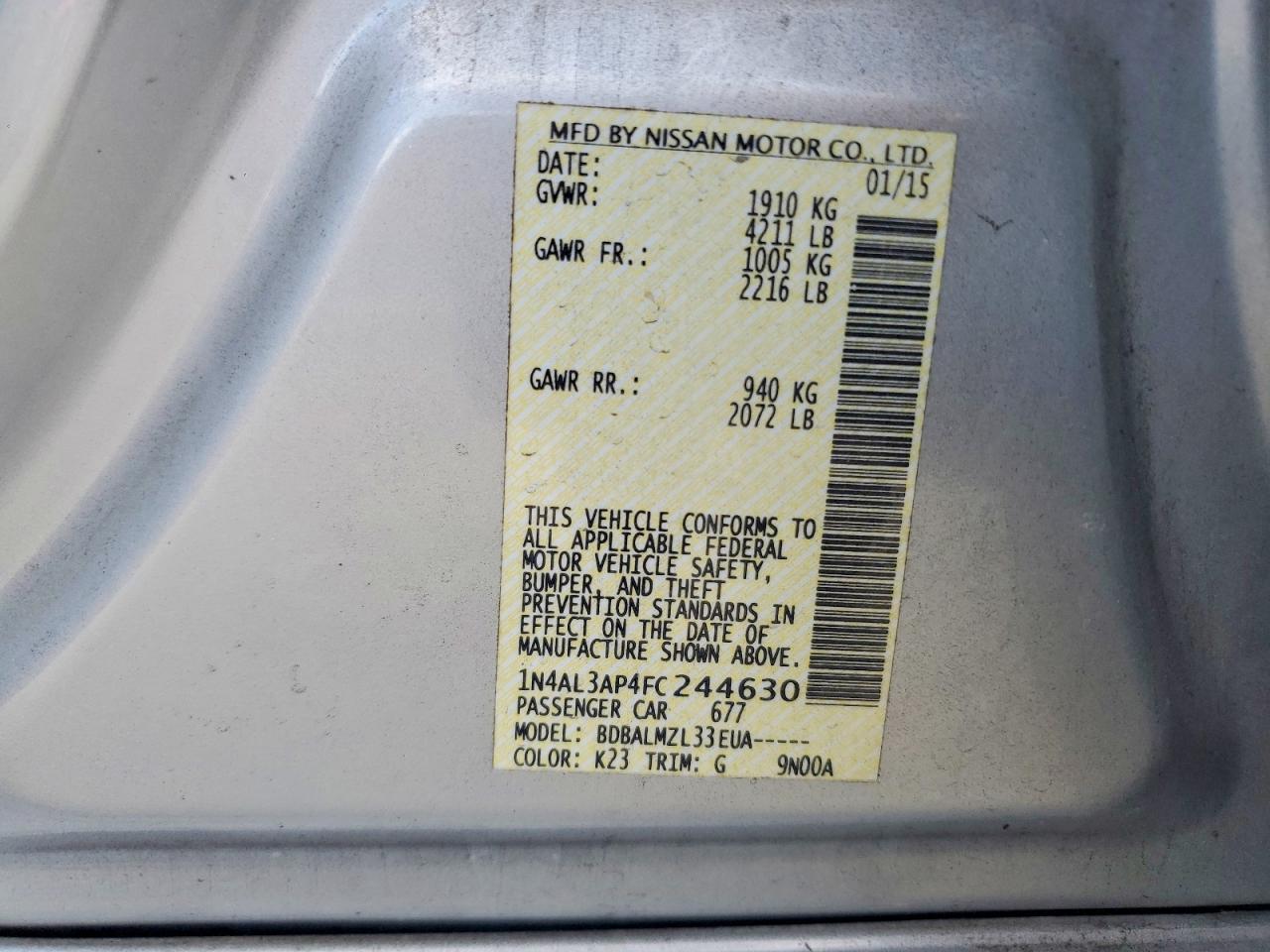 2015 NISSAN ALTIMA 2.5 photo 12