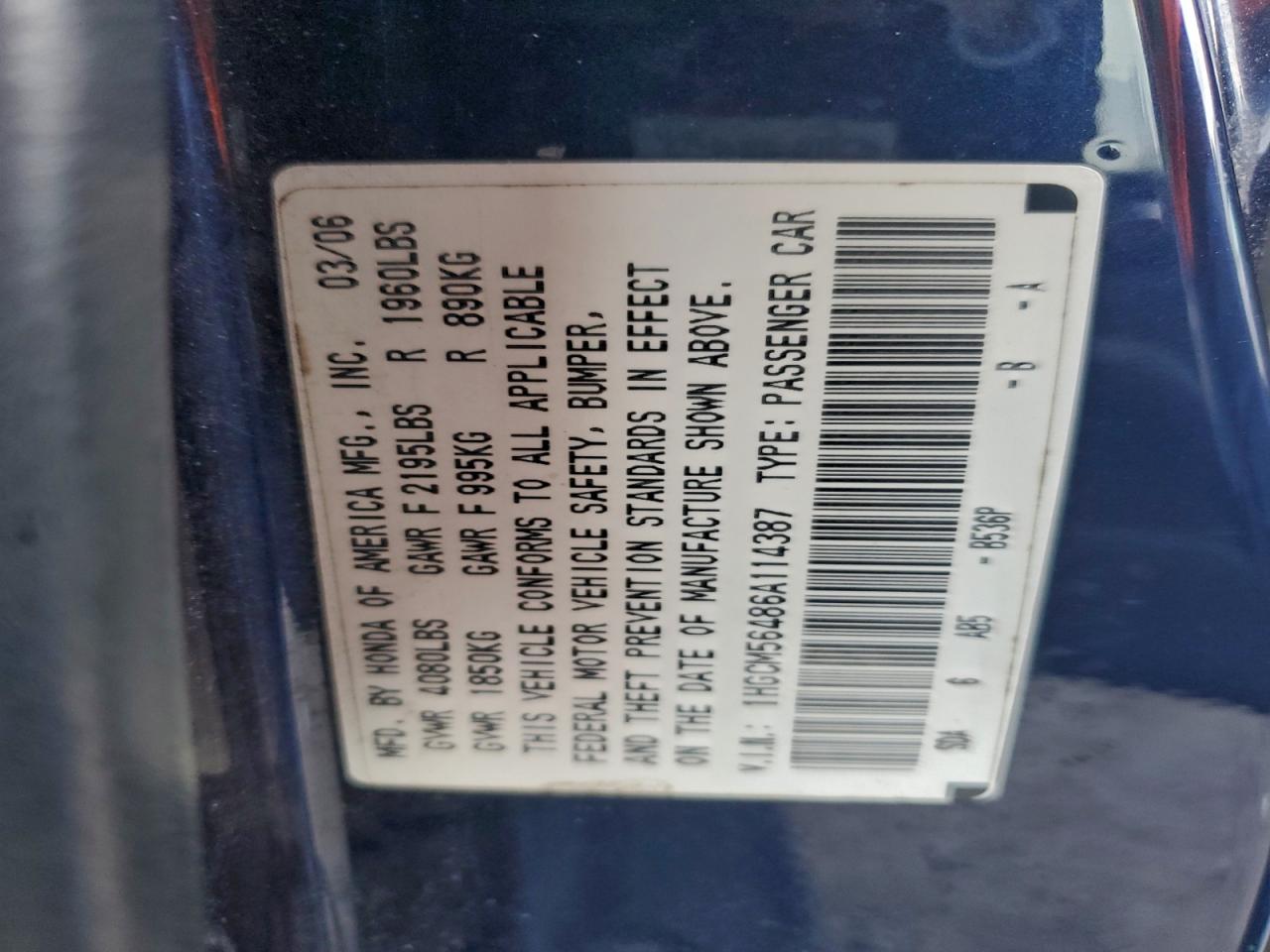 2006 HONDA ACCORD LX photo 12