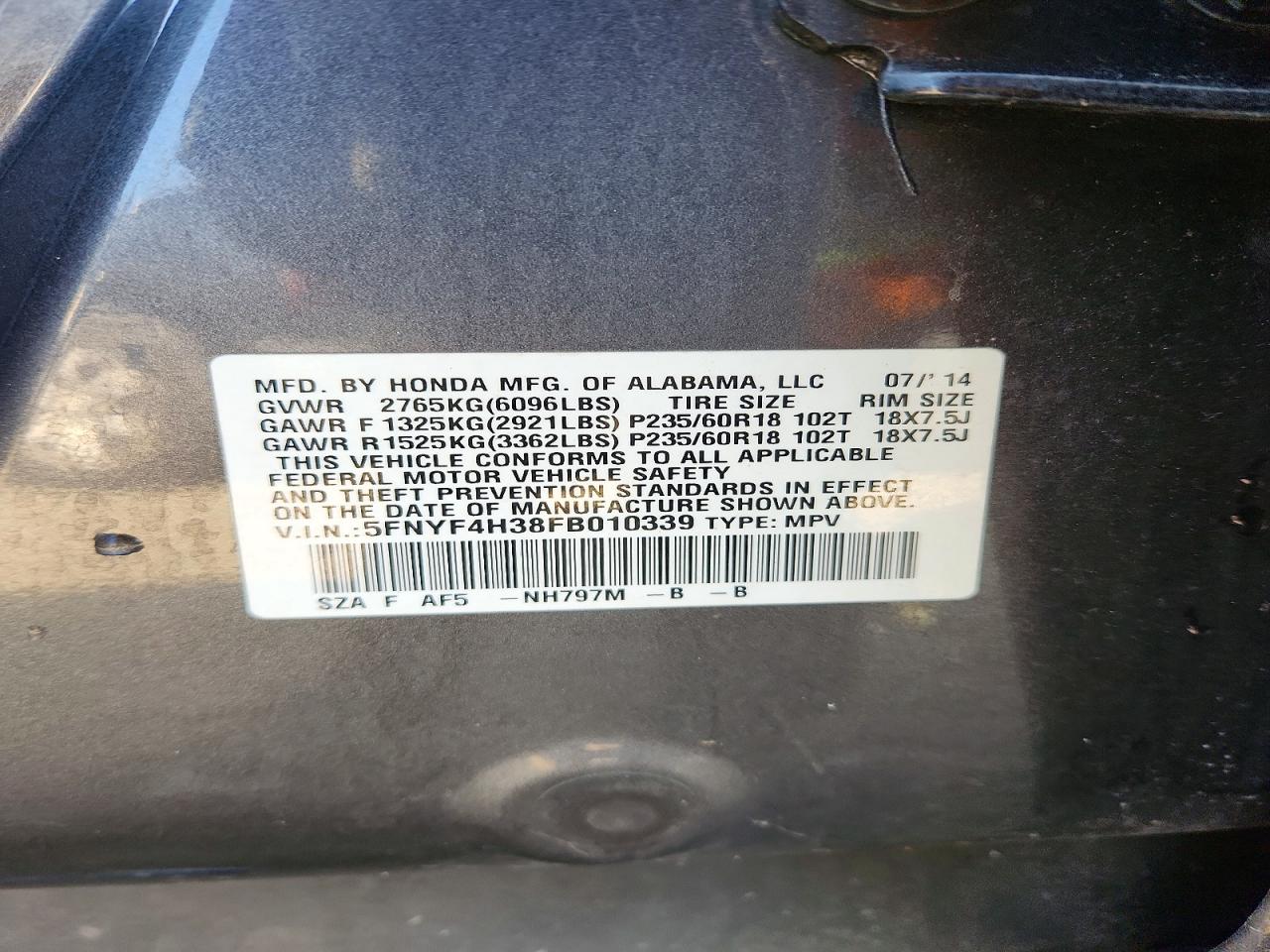 2015 HONDA PILOT SE photo 13