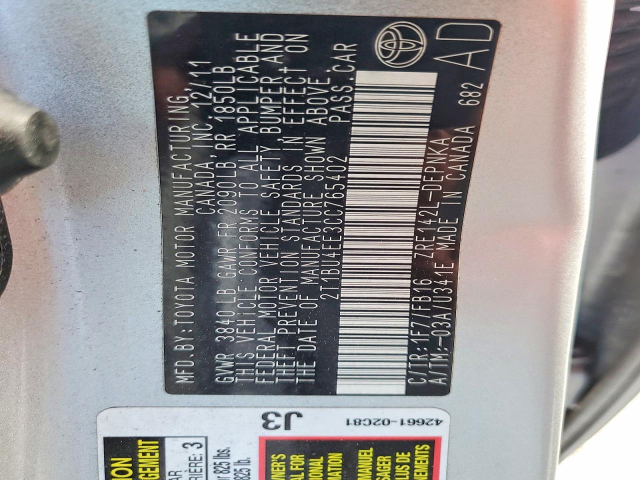 2012 TOYOTA COROLLA BASE photo 13