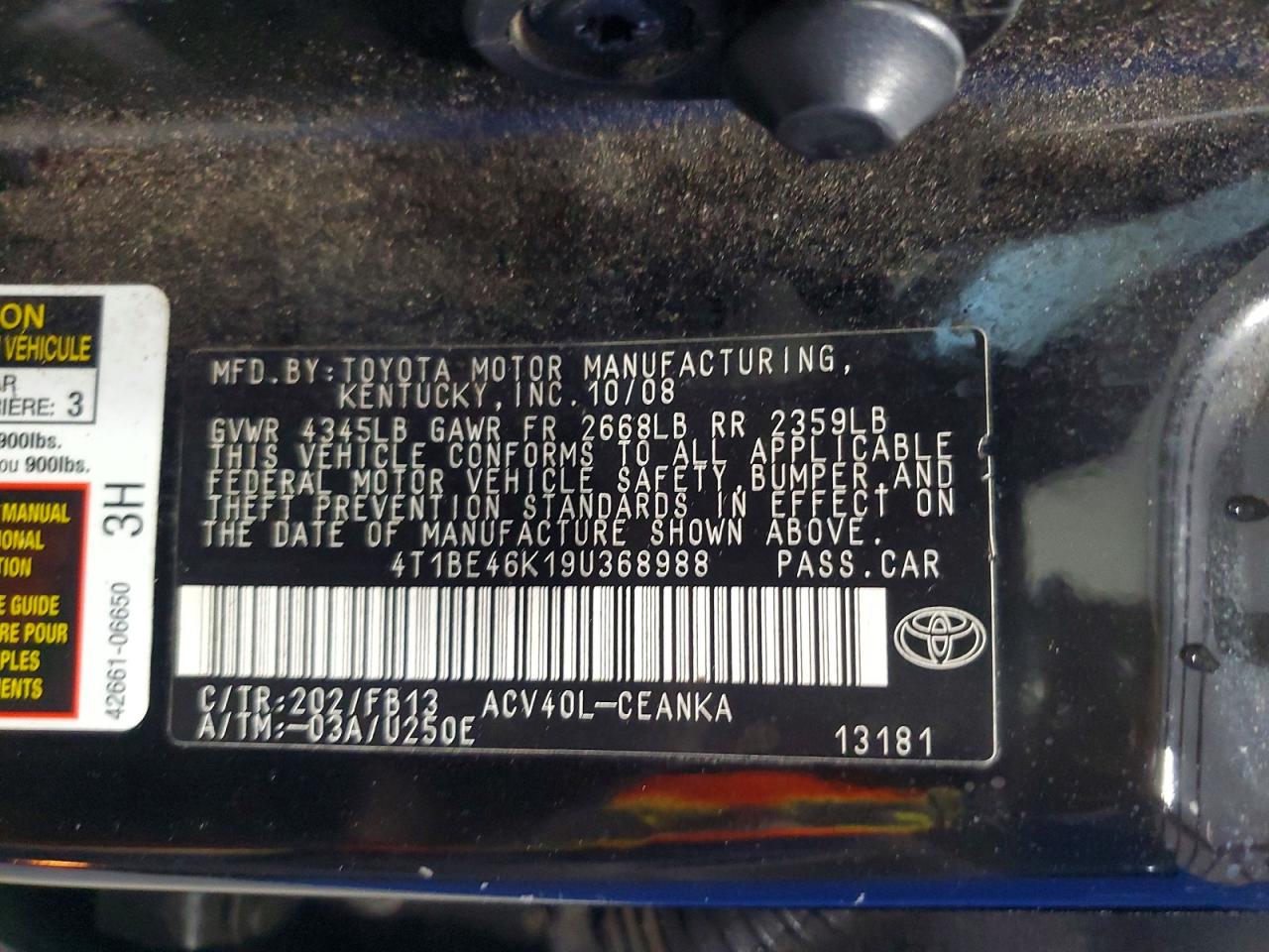 2009 TOYOTA CAMRY BASE photo 12
