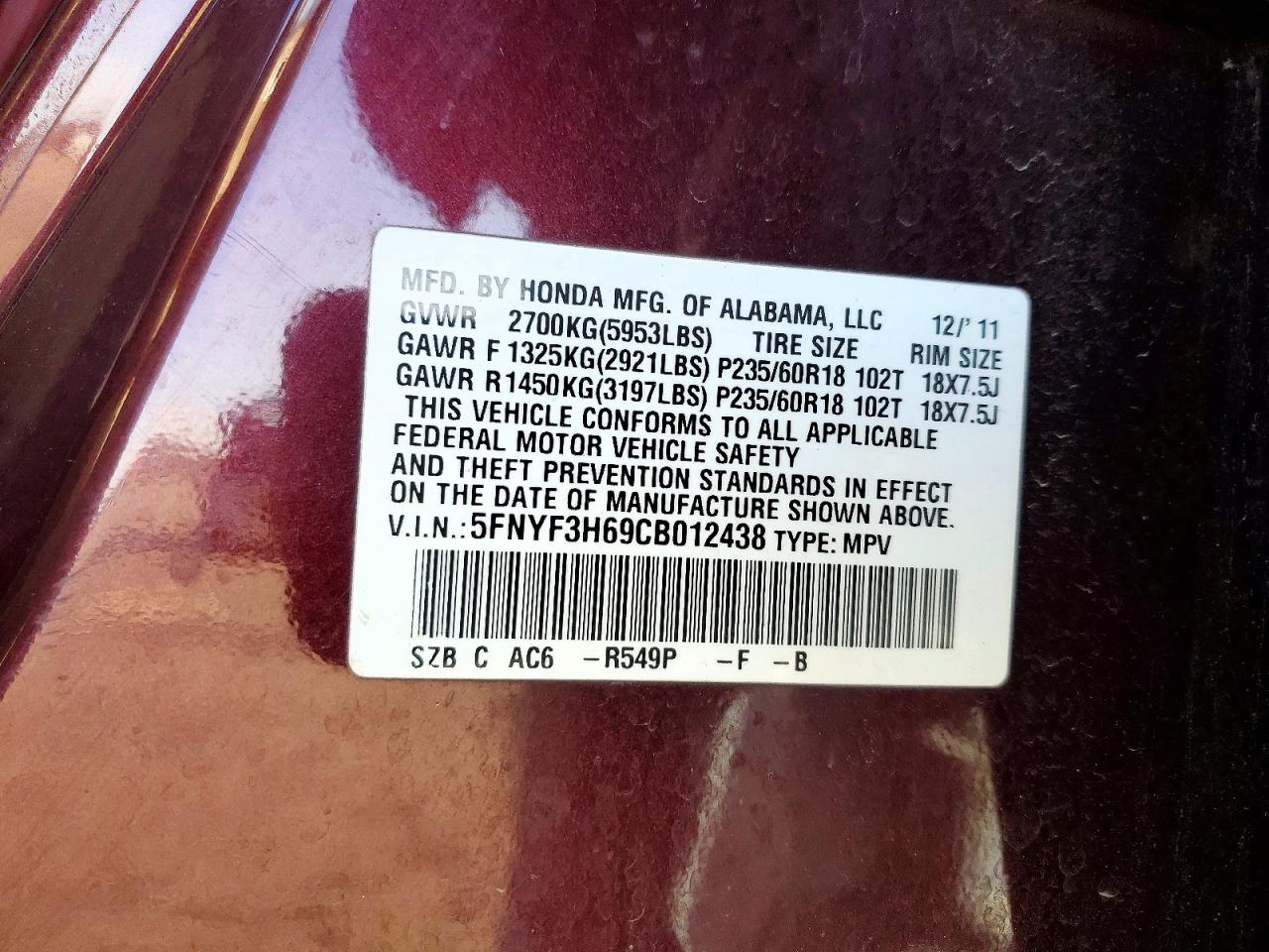 2012 HONDA PILOT EXL photo 13