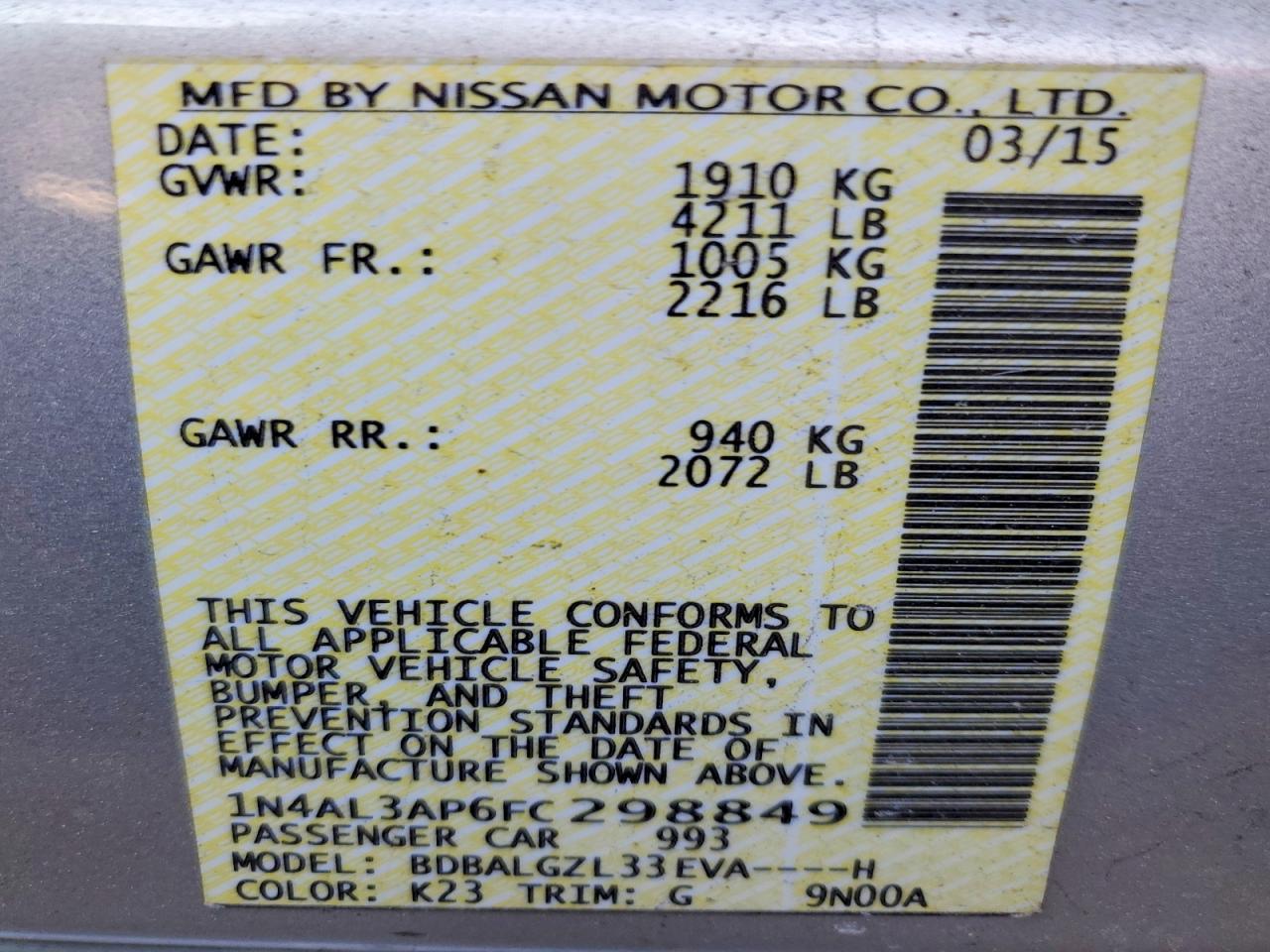 2015 NISSAN ALTIMA 2.5 photo 12