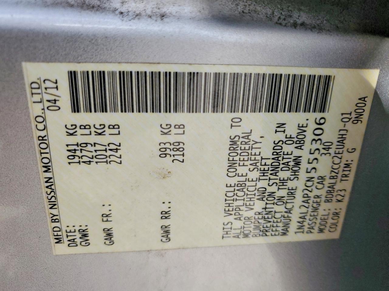 2012 NISSAN ALTIMA BASE photo 12