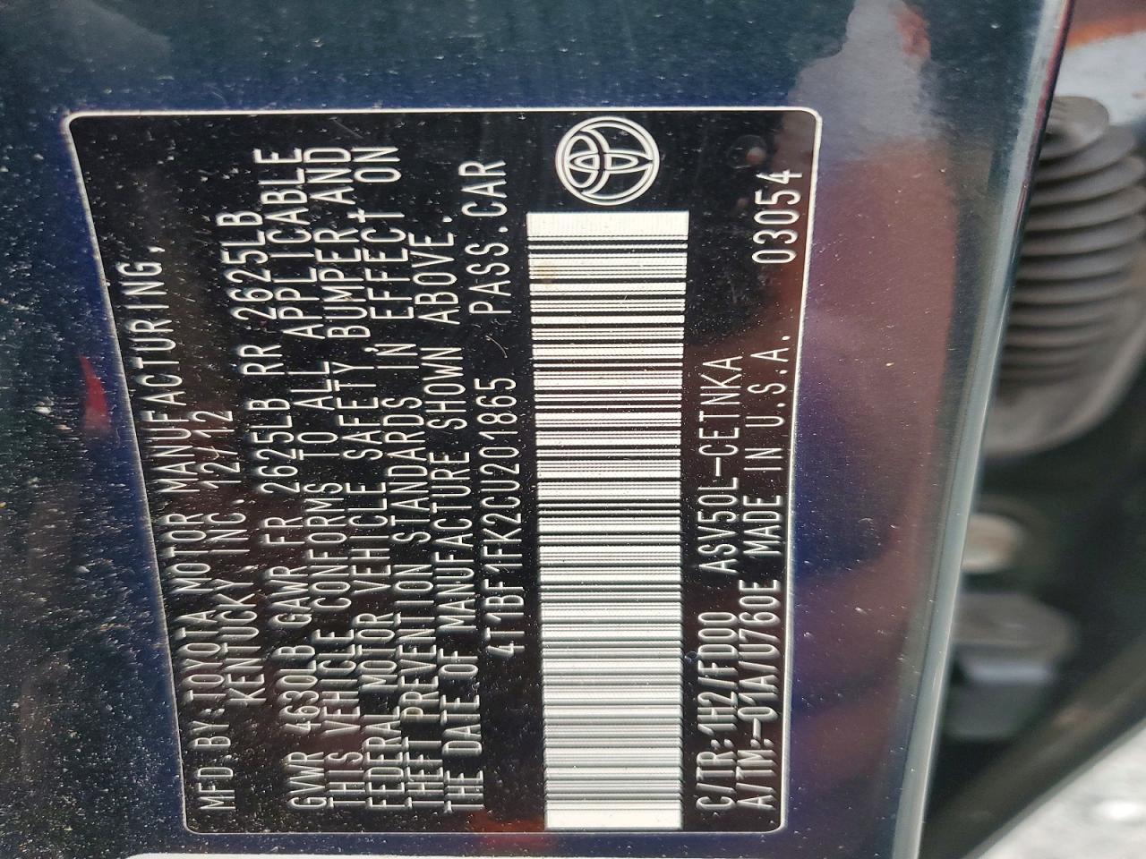 2012 TOYOTA CAMRY BASE photo 12