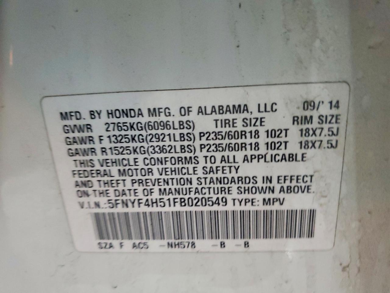 2015 HONDA PILOT EXL photo 27