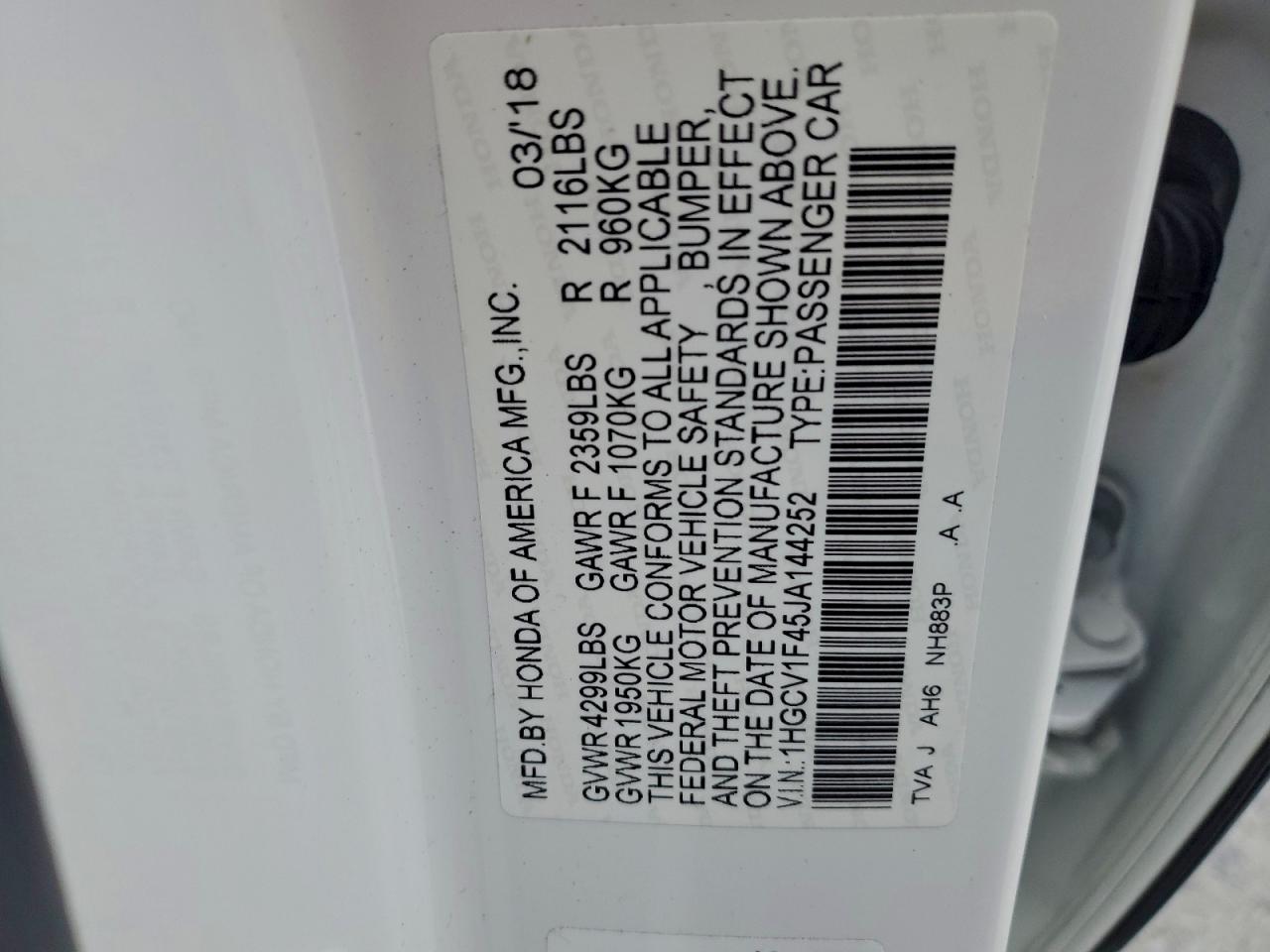 2018 HONDA ACCORD EX photo 34