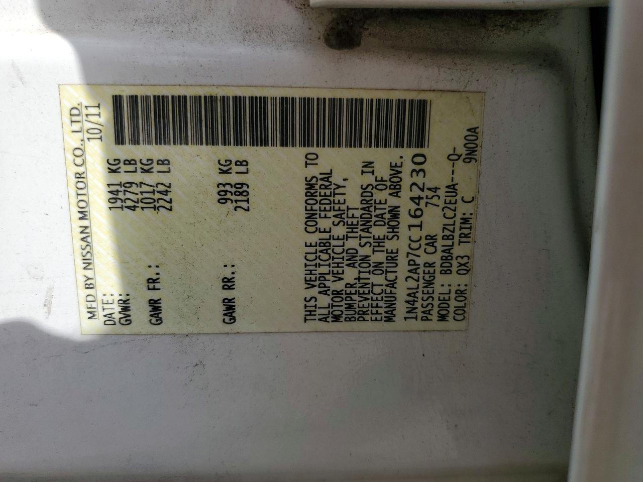 2012 NISSAN ALTIMA BASE photo 12