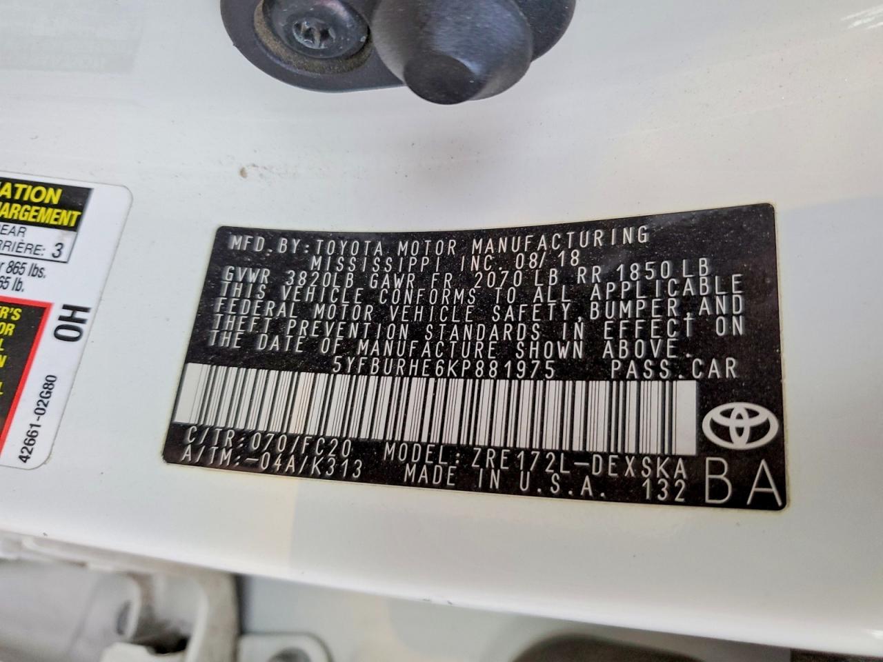 2019 TOYOTA COROLLA L photo 13