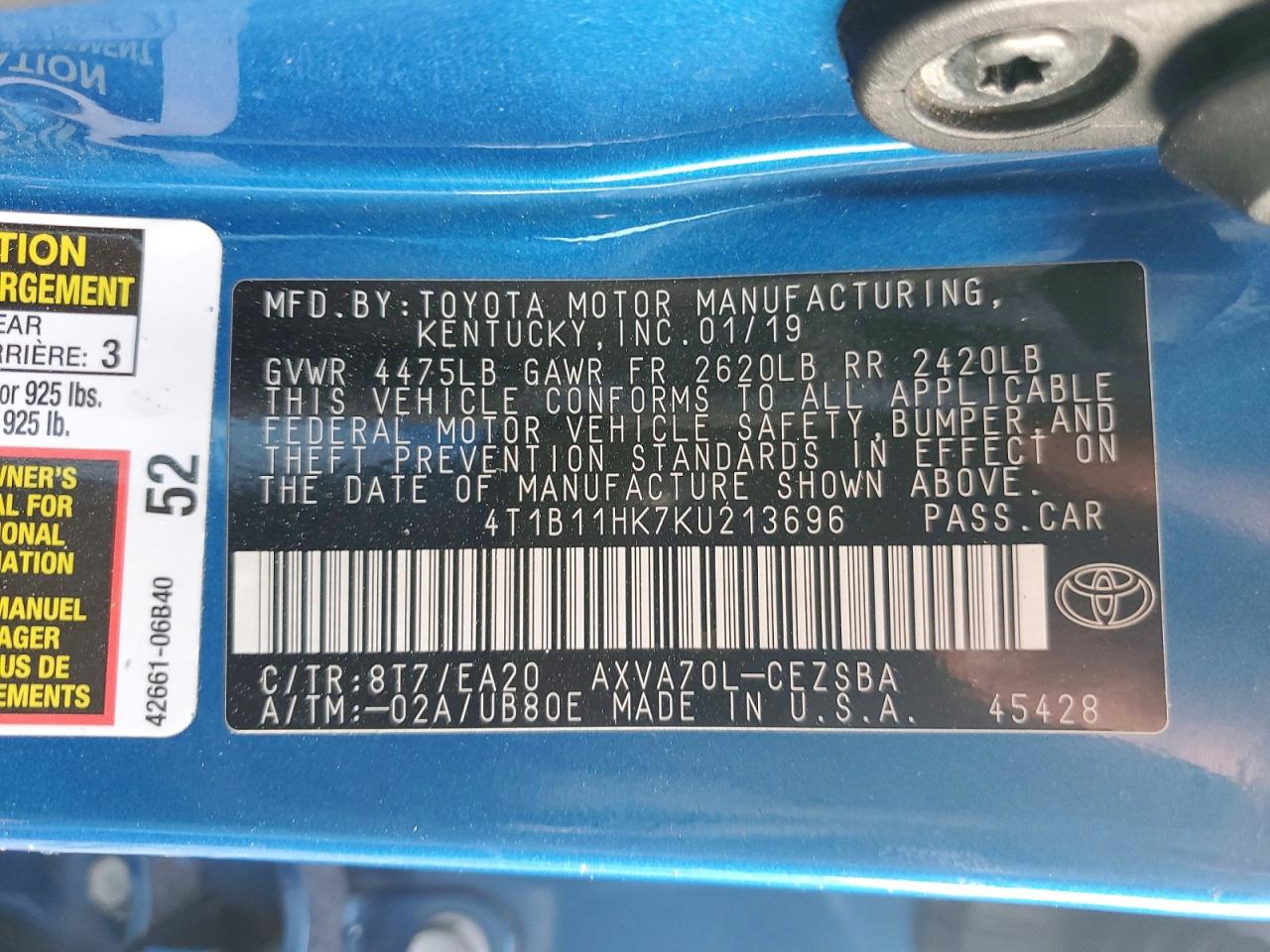 2019 TOYOTA CAMRY SE photo 12