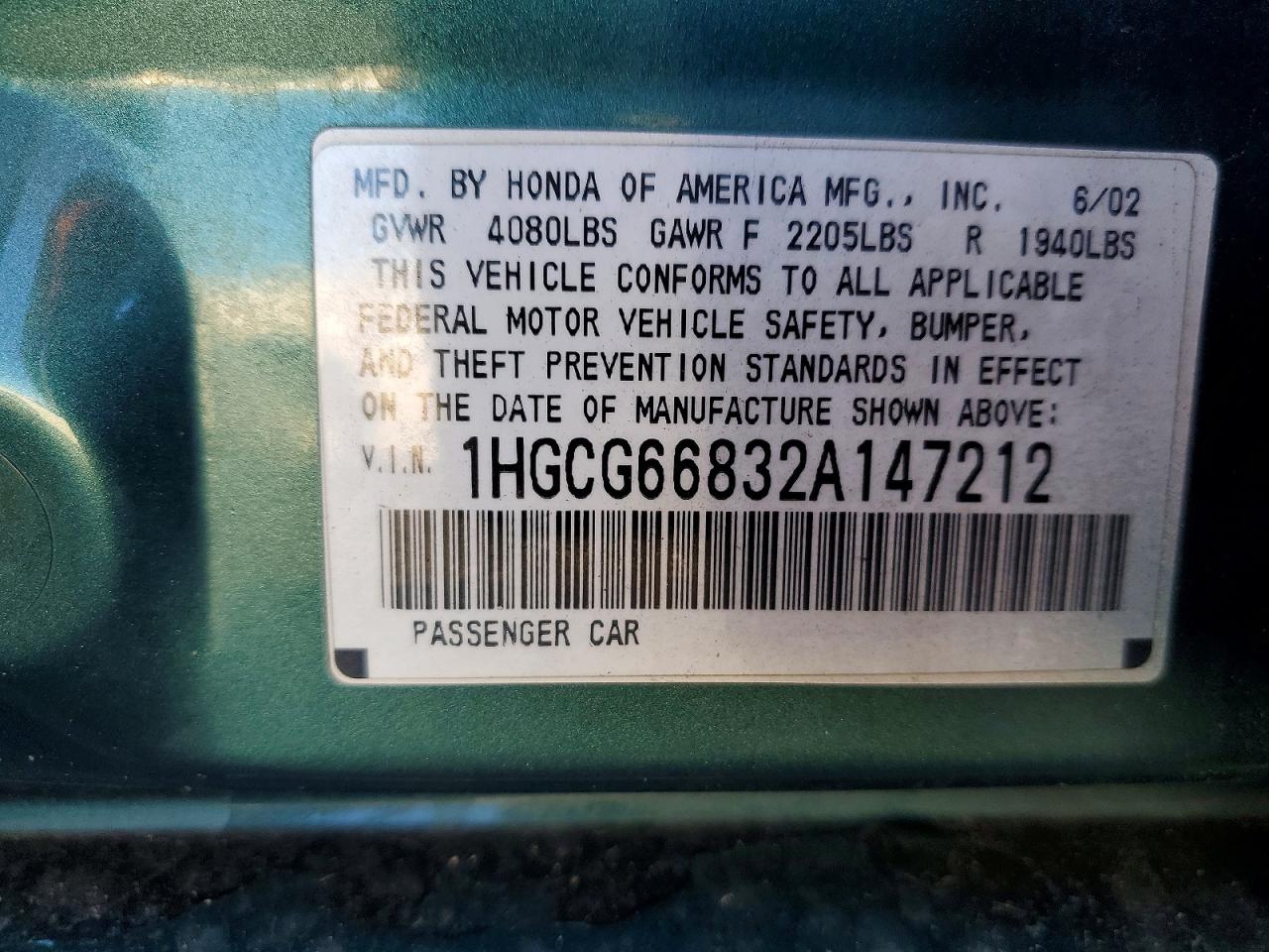 2002 HONDA ACCORD EX photo 12
