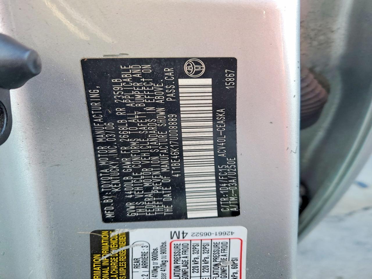 2007 TOYOTA CAMRY CE photo 12