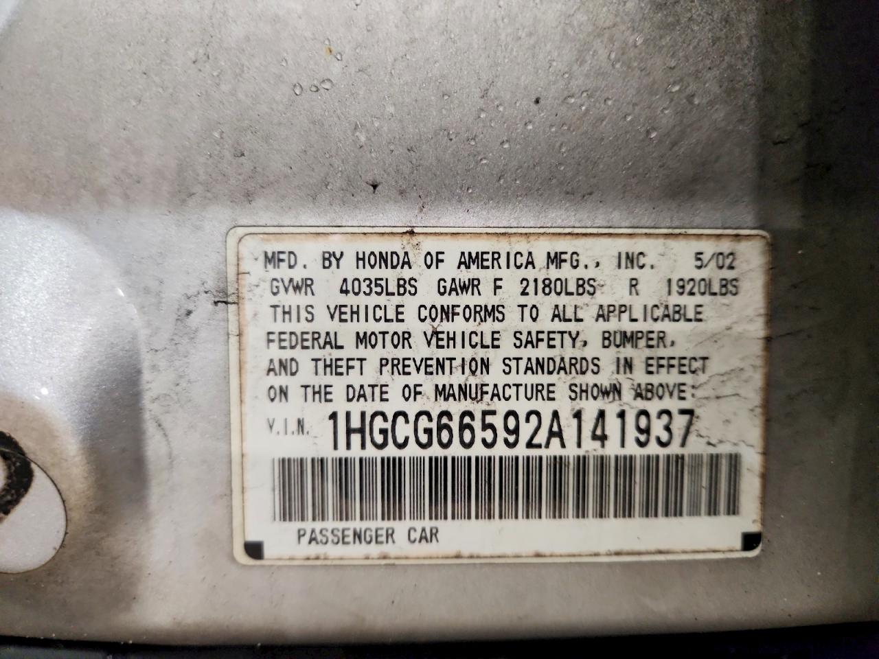 2002 HONDA ACCORD LX photo 12