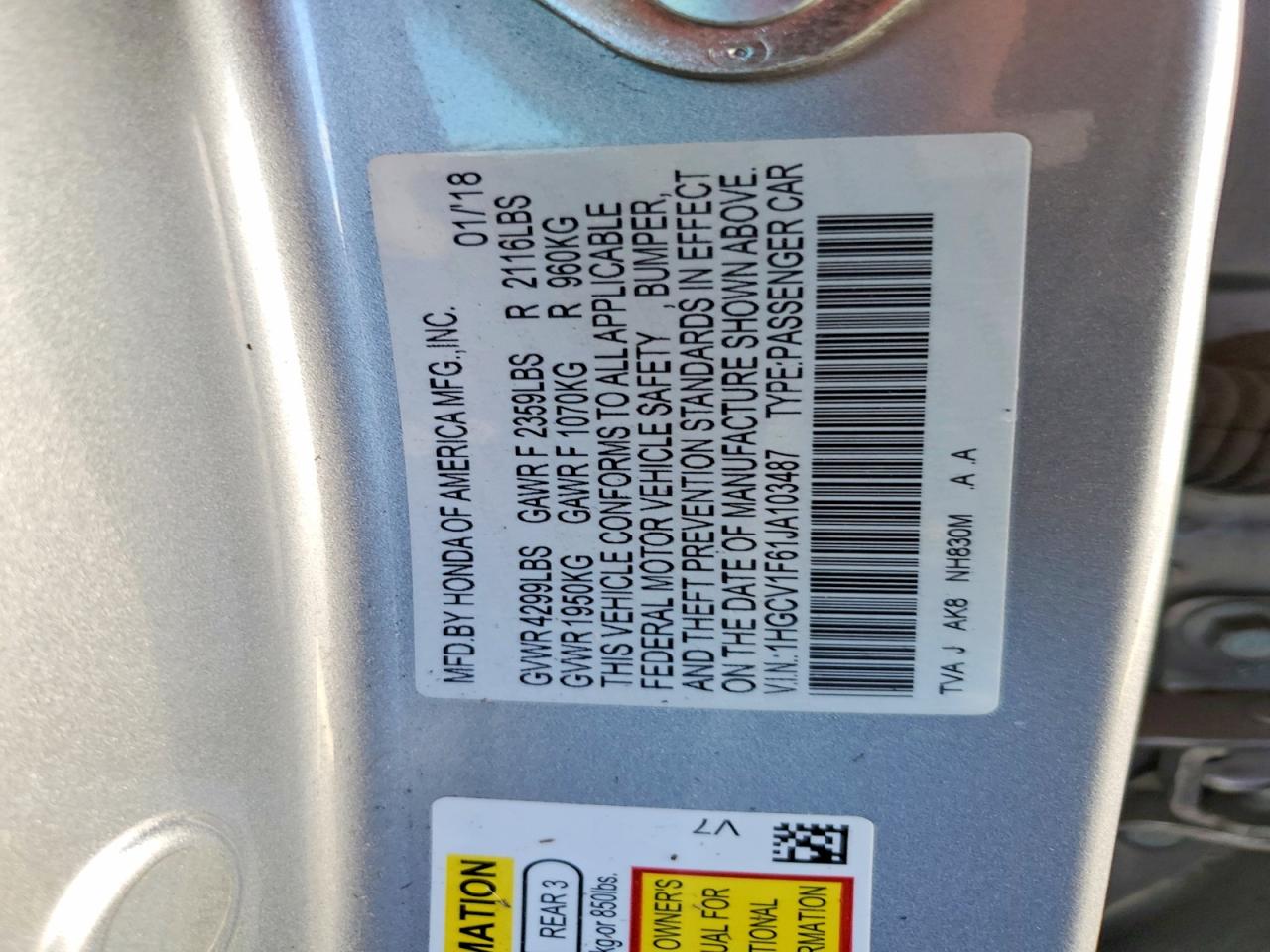 2018 HONDA ACCORD EXL photo 34