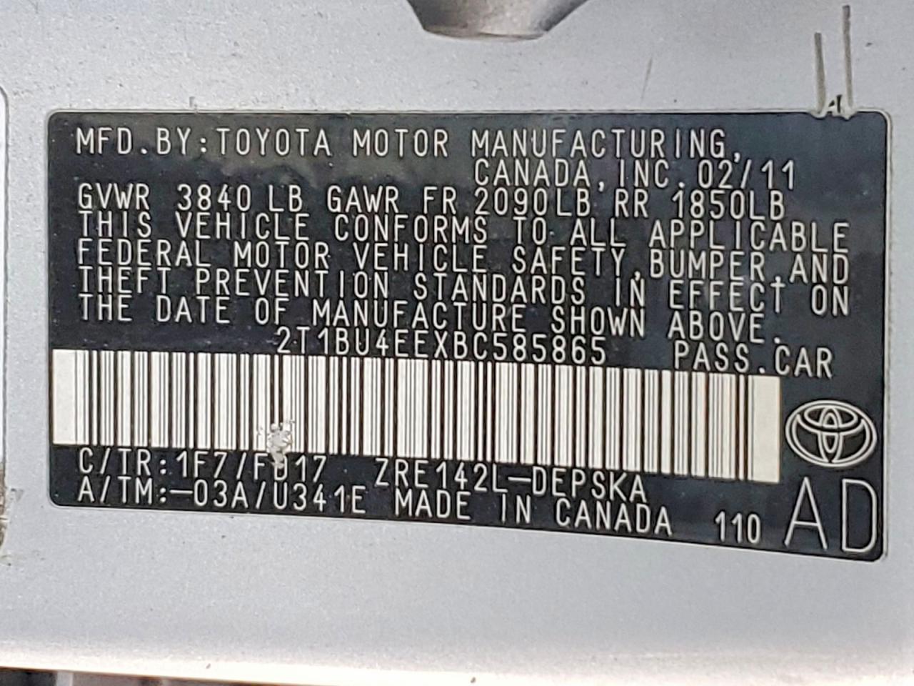 2011 TOYOTA COROLLA BASE photo 12