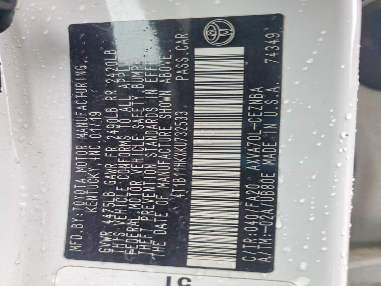 2019 TOYOTA CAMRY L photo 12
