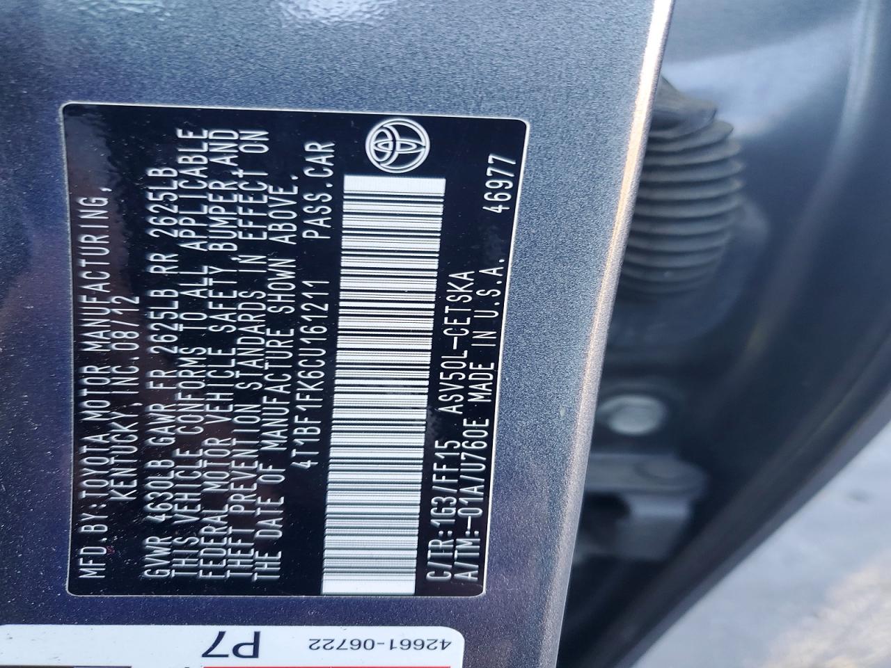 2012 TOYOTA CAMRY BASE photo 12