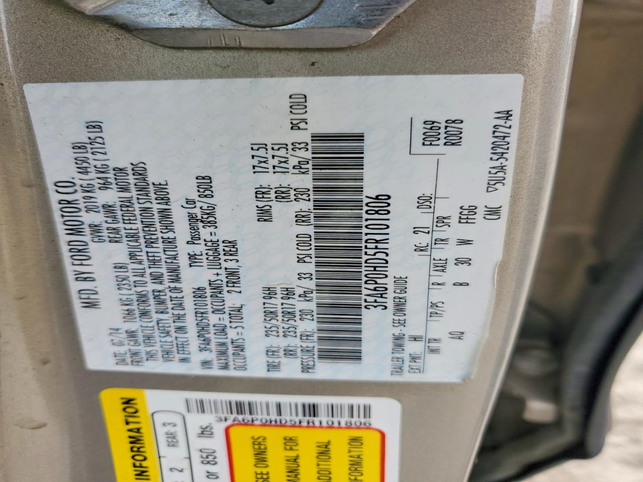 2015 FORD FUSION SE photo 12