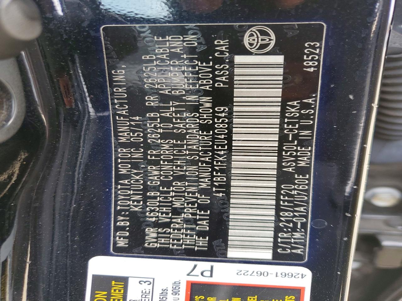 2014 TOYOTA CAMRY L photo 12