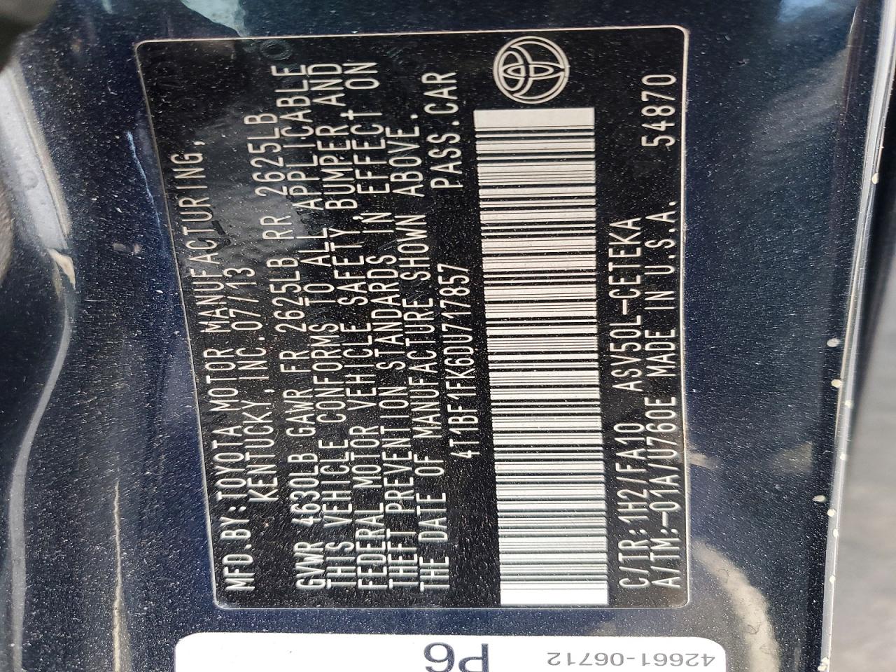2013 TOYOTA CAMRY L photo 12