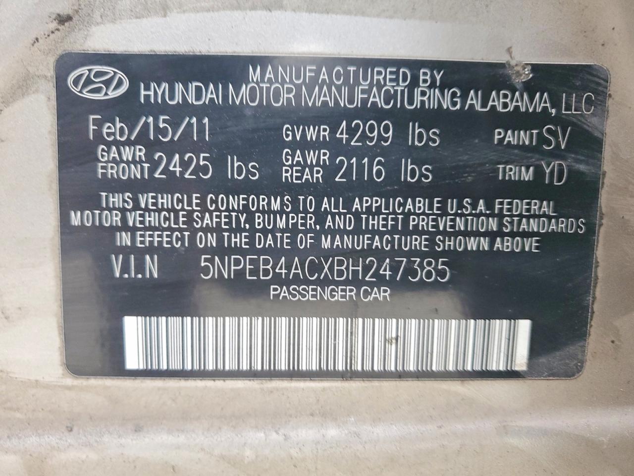 2011 HYUNDAI SONATA GLS photo 12