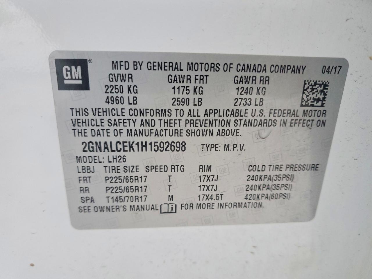 2017 CHEVROLET EQUINOX LT photo 14