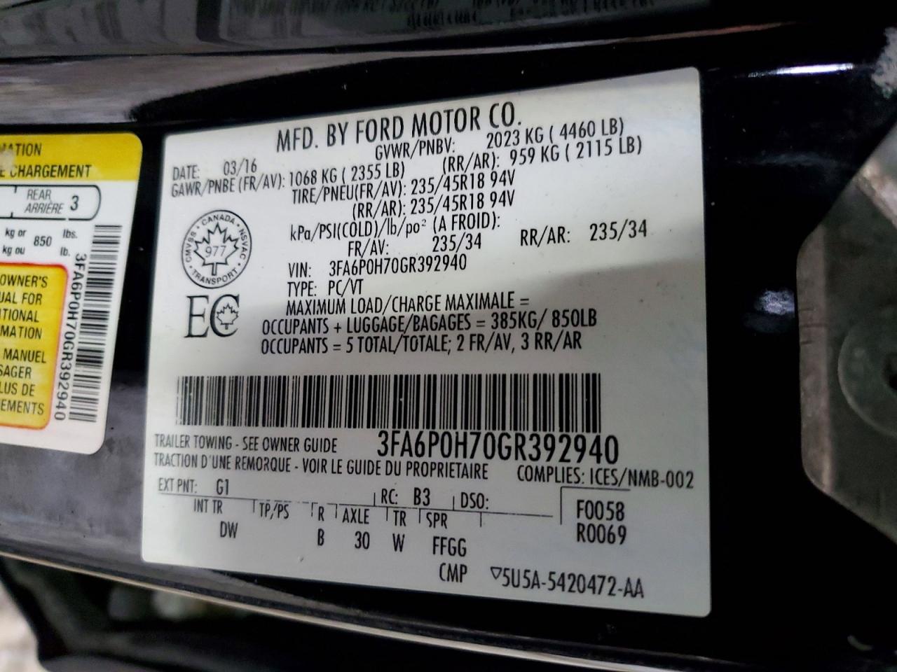 2016 FORD FUSION SE photo 12