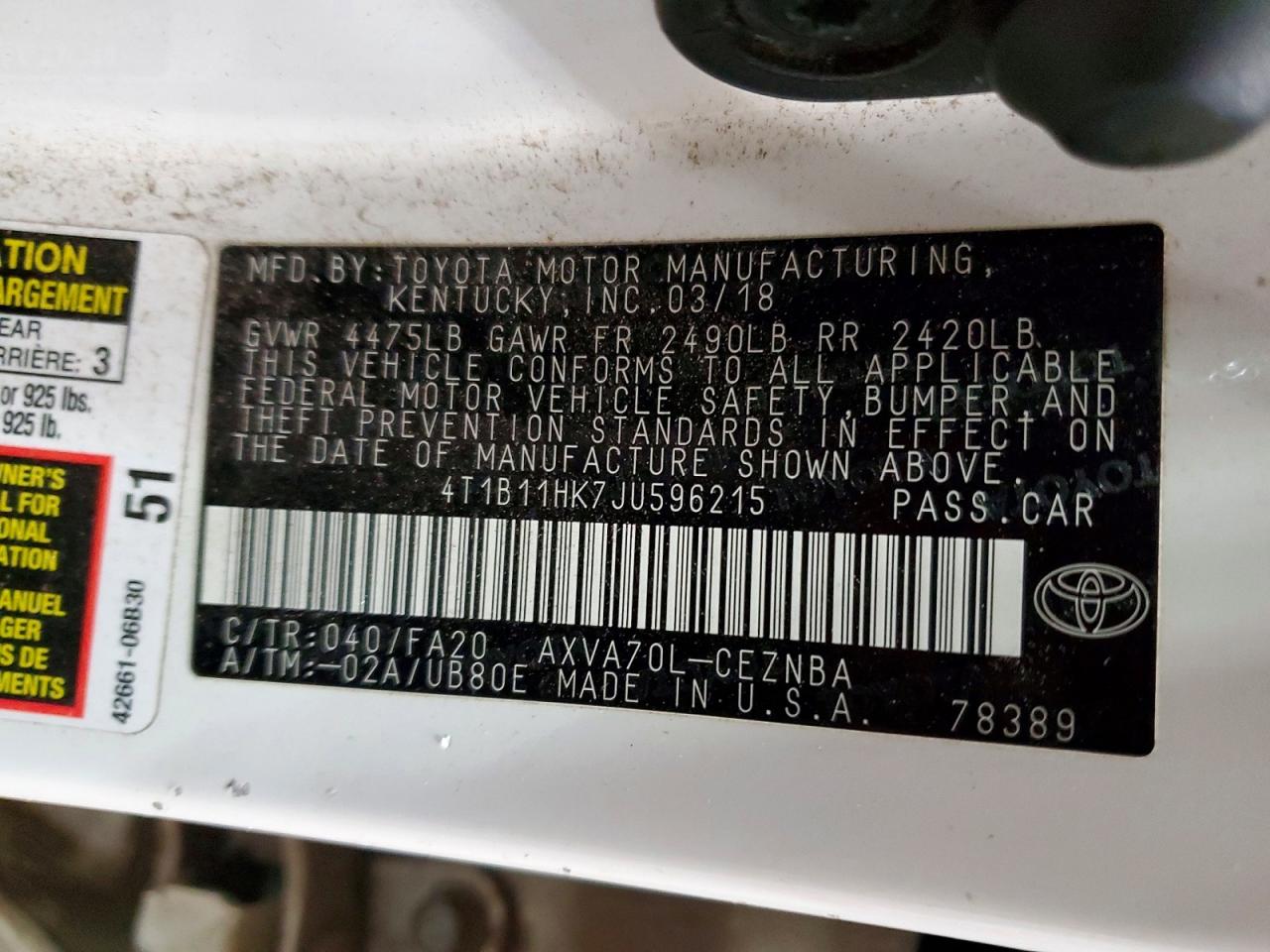 2018 TOYOTA CAMRY L photo 12
