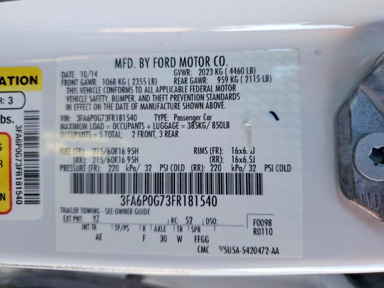 2015 FORD FUSION S photo 12