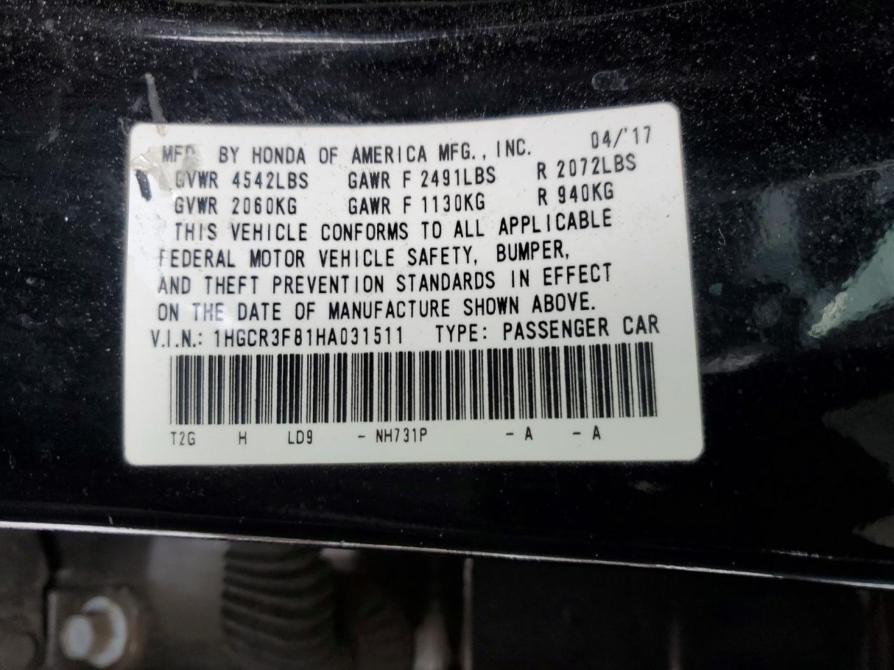 2017 HONDA ACCORD EXL photo 12