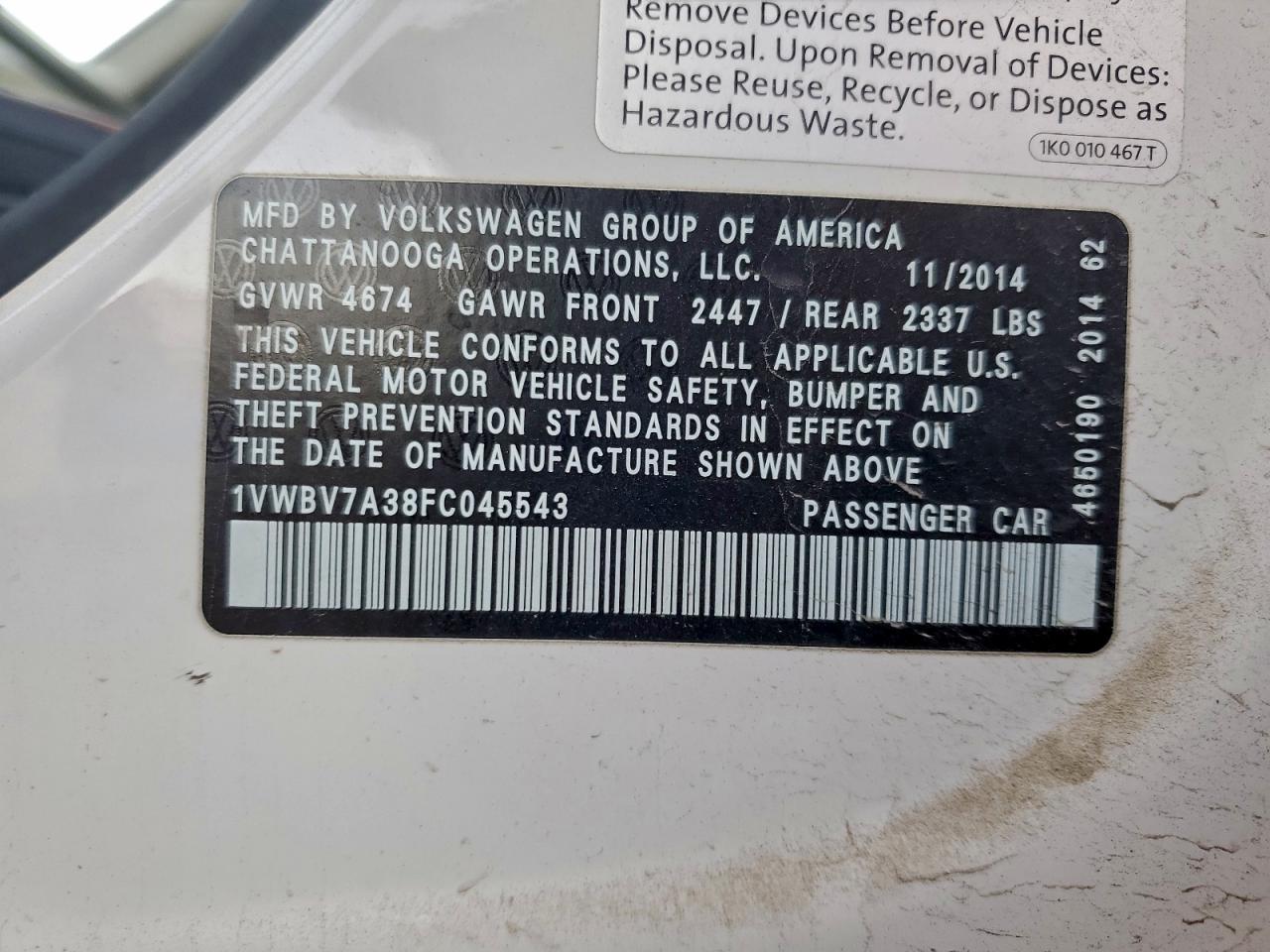 2015 VOLKSWAGEN PASSAT SE photo 12