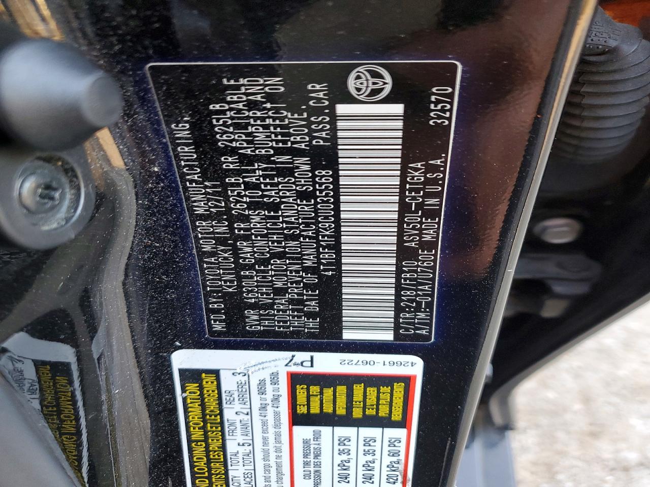 2012 TOYOTA CAMRY BASE photo 12