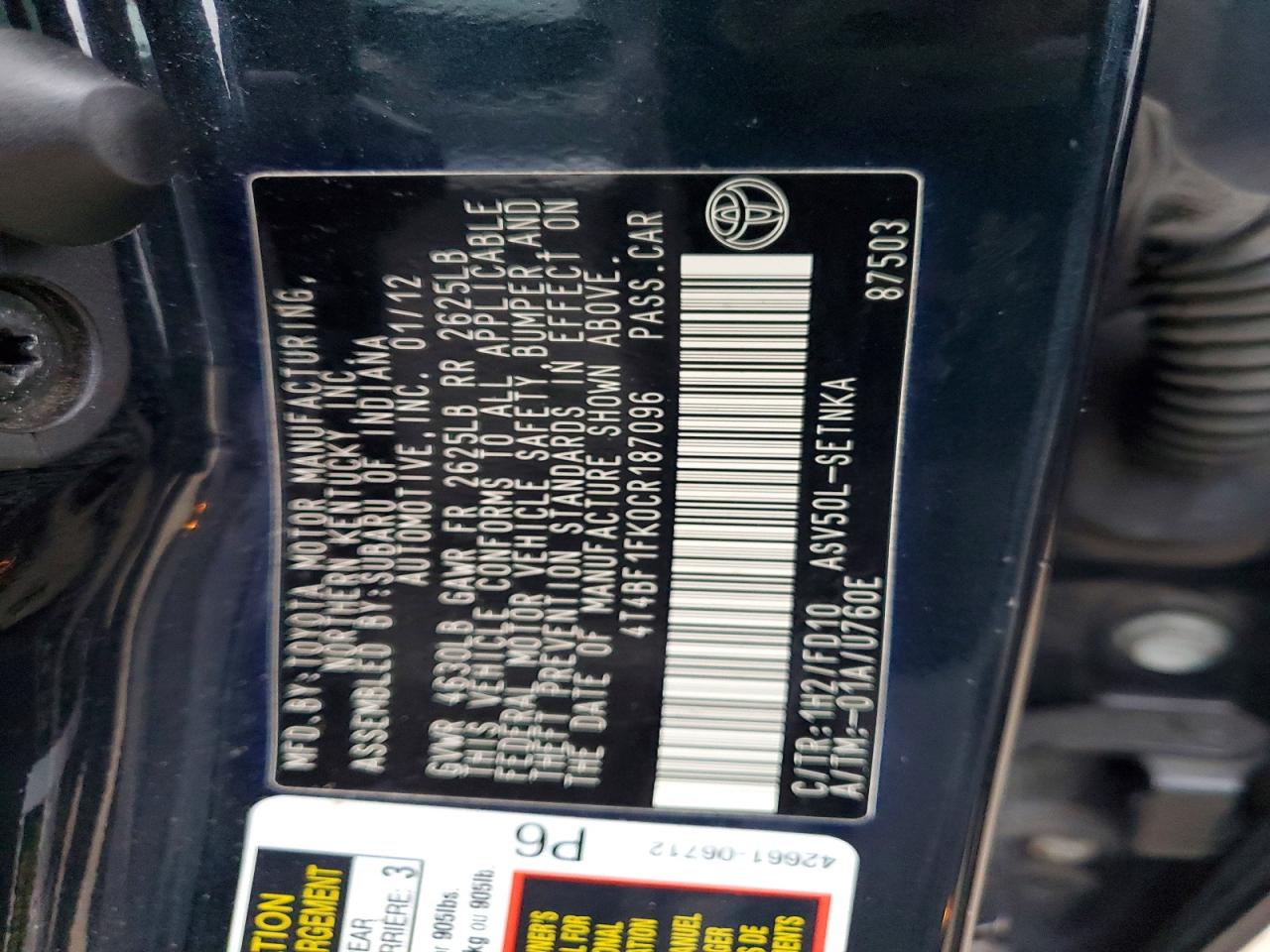2012 TOYOTA CAMRY BASE photo 12