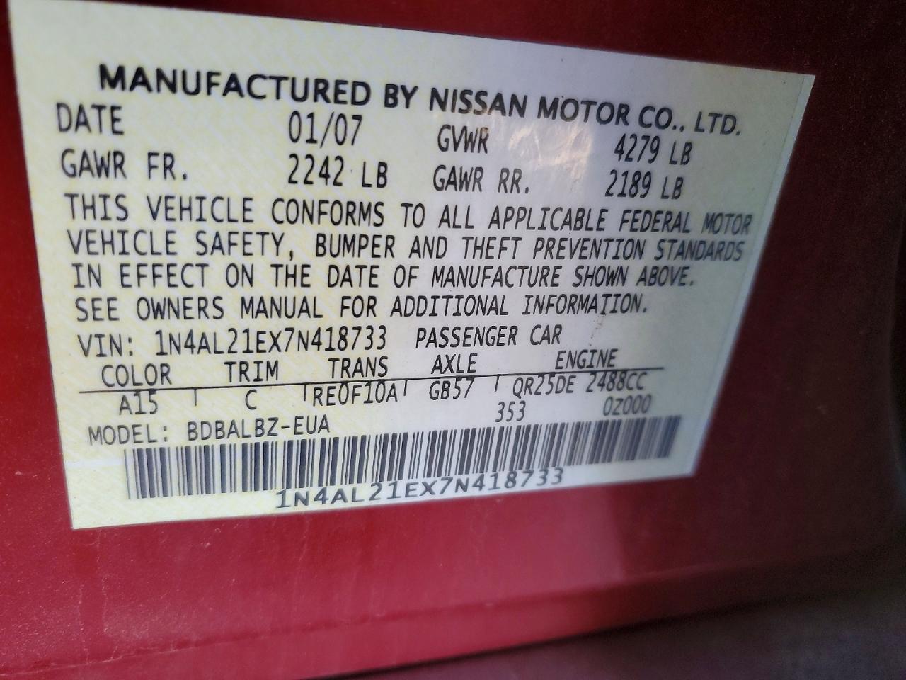 2007 NISSAN ALTIMA 2.5 photo 23