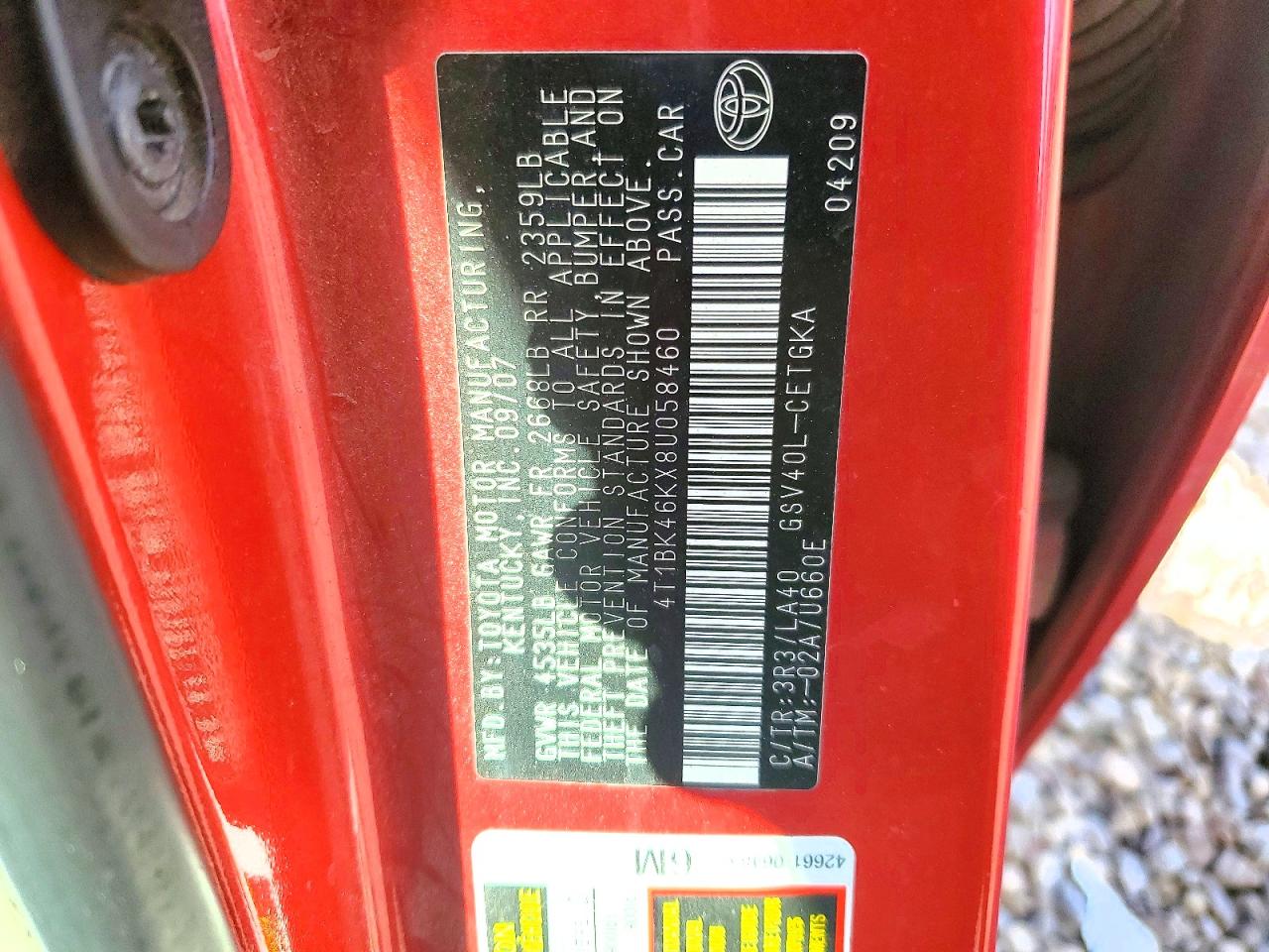 2008 TOYOTA CAMRY LE photo 12